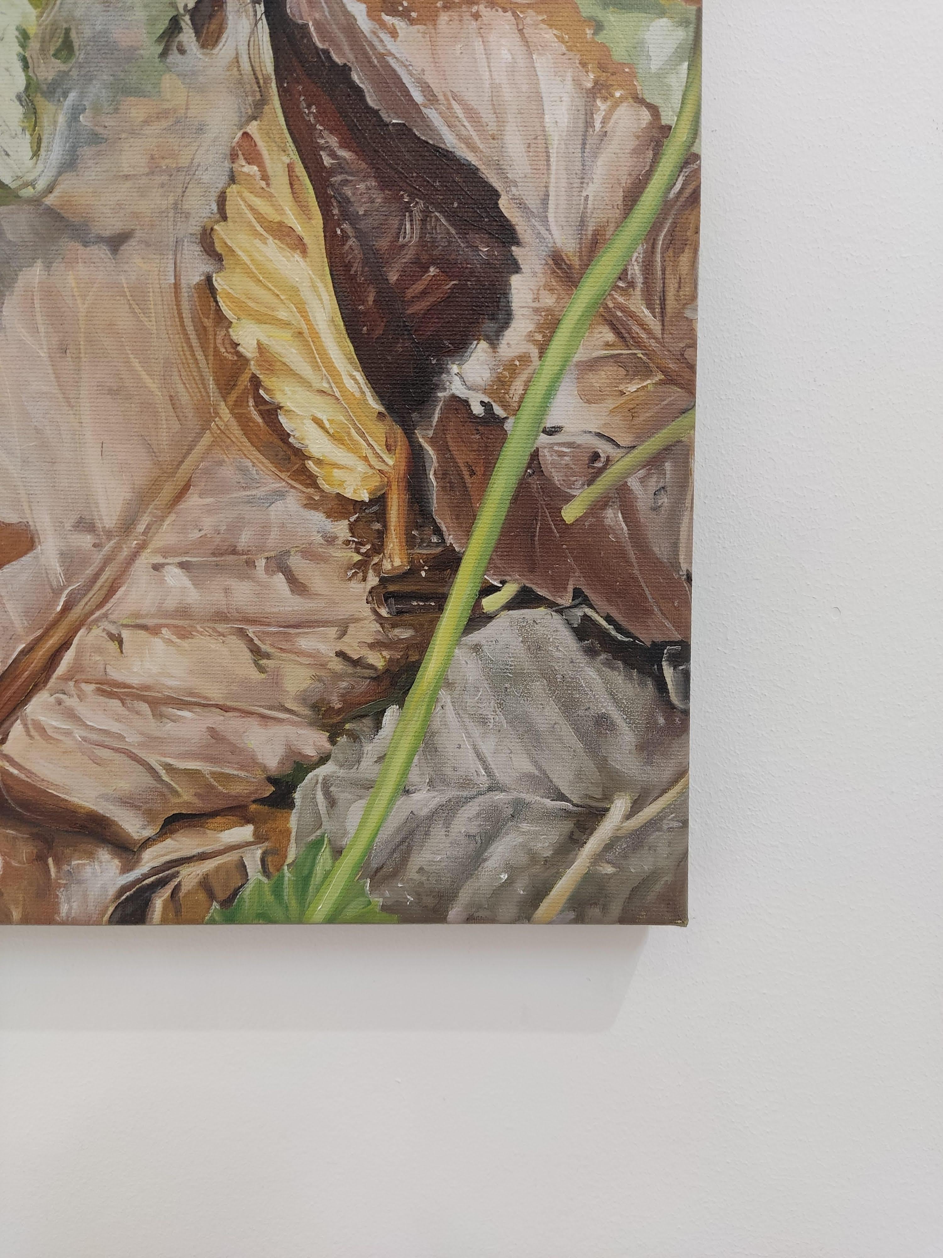 Back to the source, Oil painting on Canvas, Water Reflections, Leafs, Realistic - Brown Figurative Painting by Deniz Bayav