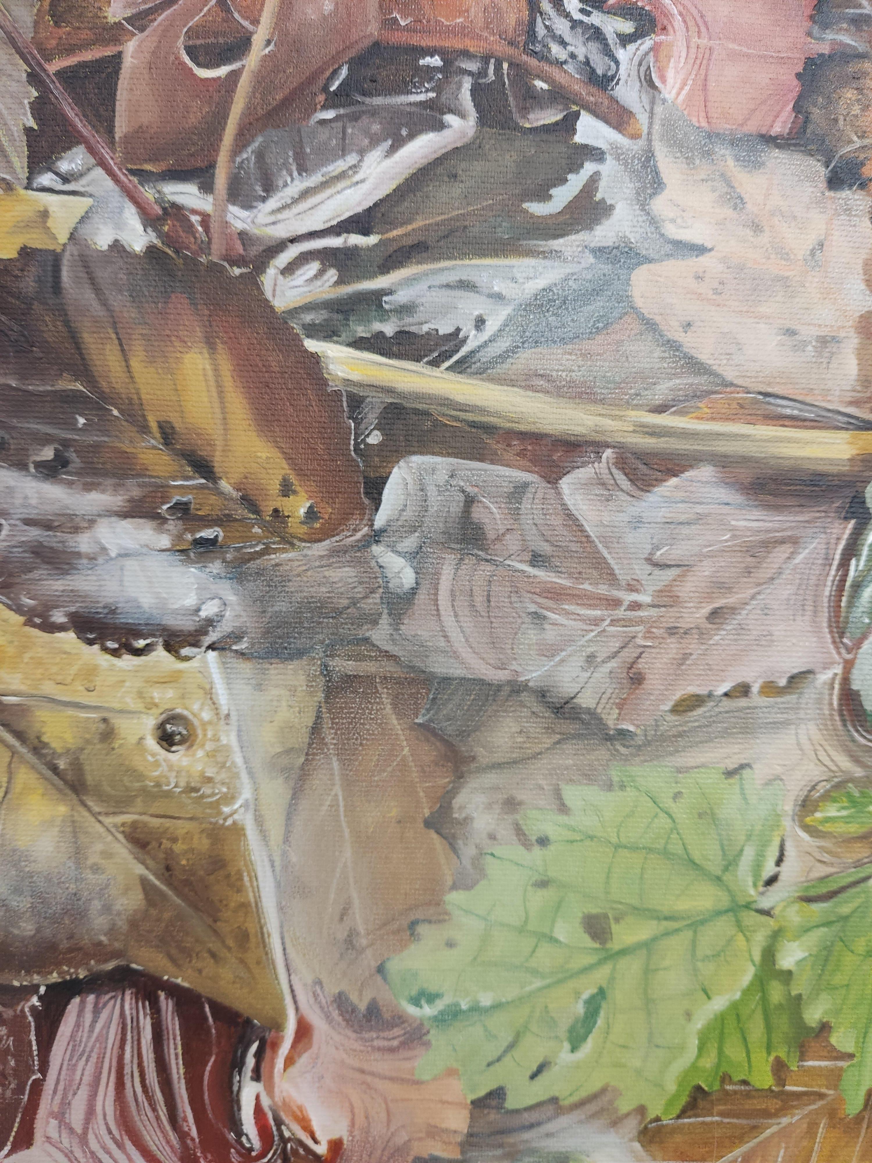 Back to the source, Oil painting on Canvas, Water Reflections, Leafs, Realistic For Sale 1