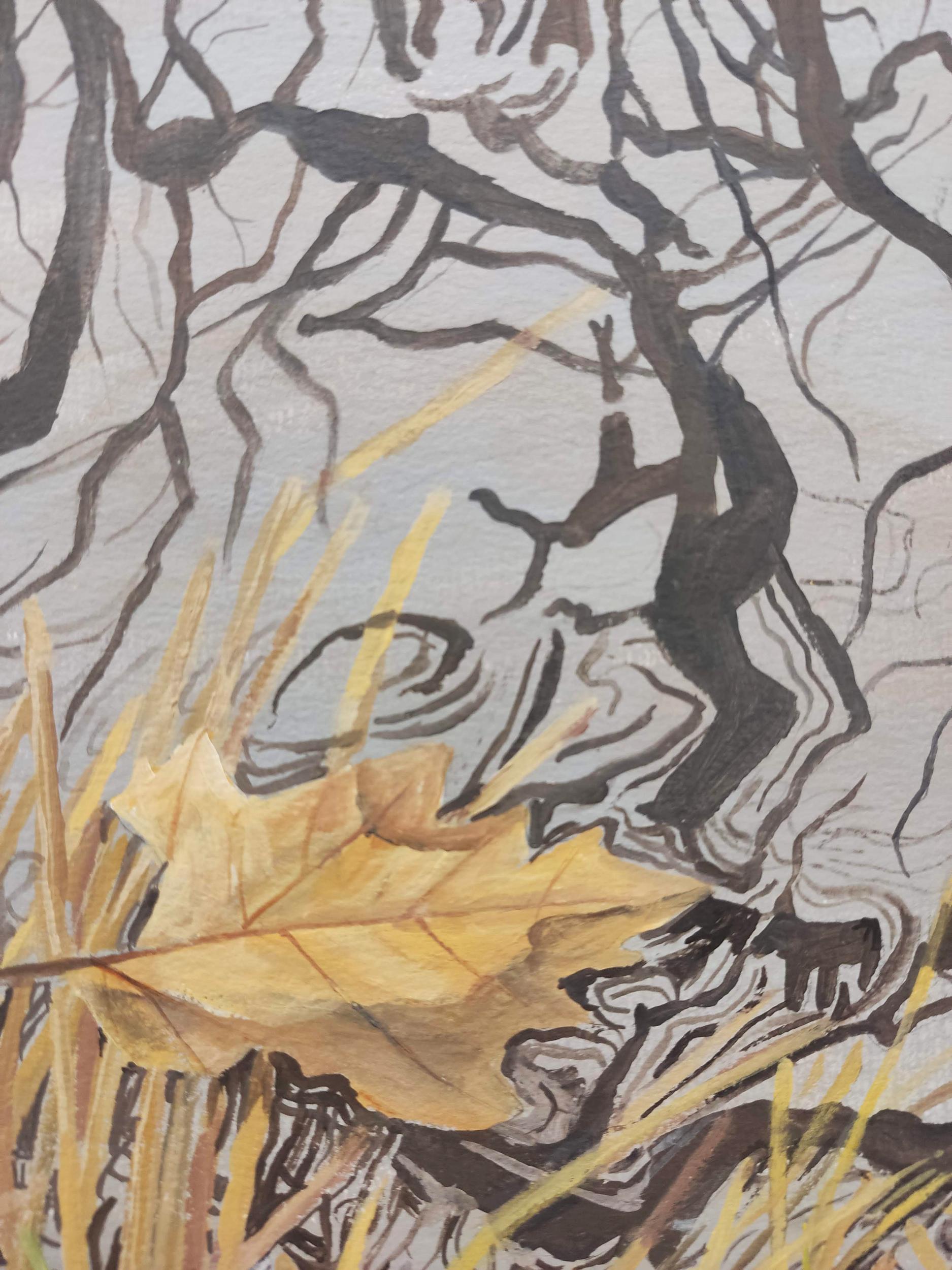 Reunir en superficie, Pintura acrílica sobre papel, Hojas, Reflejos de agua, Naturaleza - Painting de Deniz Bayav