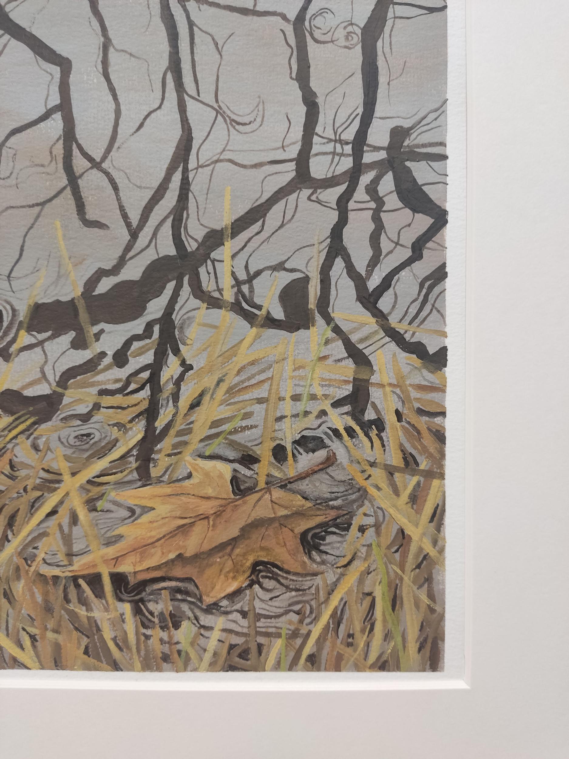 Reunir en superficie, Pintura acrílica sobre papel, Hojas, Reflejos de agua, Naturaleza - Painting Fotorrealista de Deniz Bayav