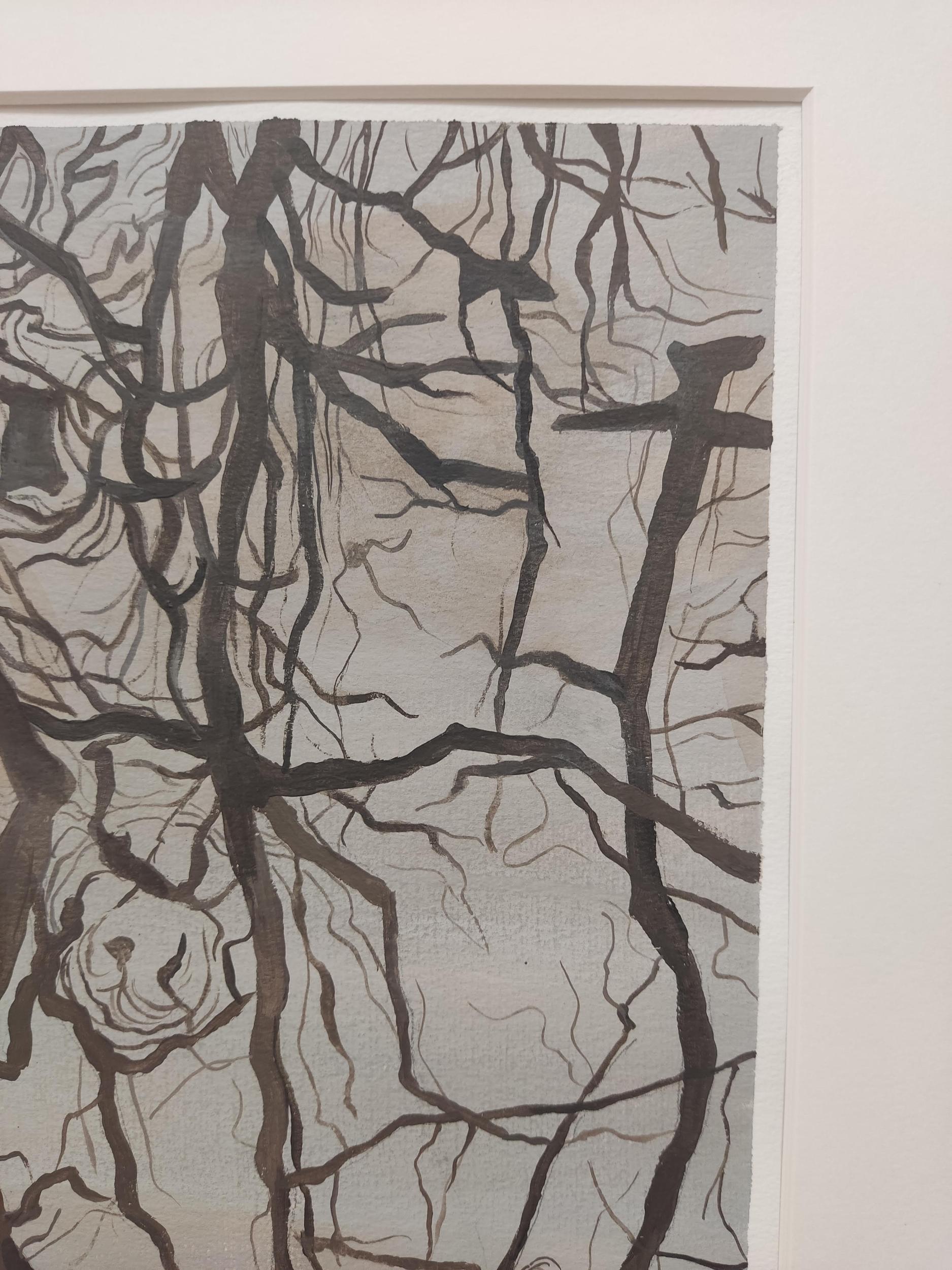 Reunir en superficie, Pintura acrílica sobre papel, Hojas, Reflejos de agua, Naturaleza - Landscape Painting Beige de Deniz Bayav