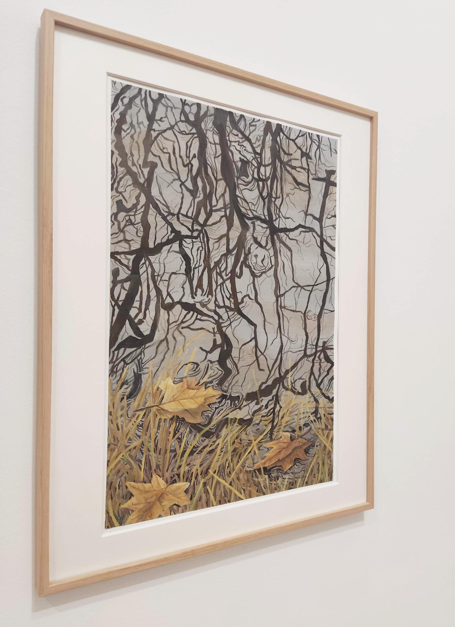 Reunir en superficie, Pintura acrílica sobre papel, Hojas, Reflejos de agua, Naturaleza en venta 1