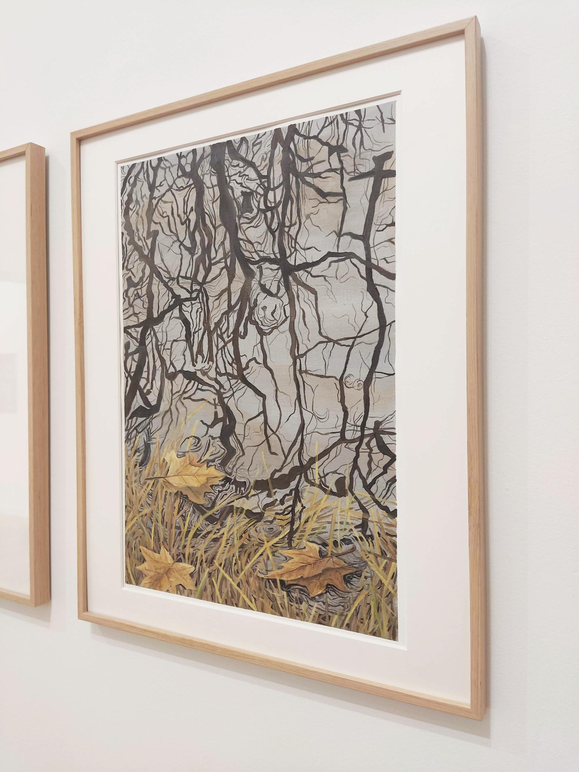 Reunir en superficie, Pintura acrílica sobre papel, Hojas, Reflejos de agua, Naturaleza en venta 2