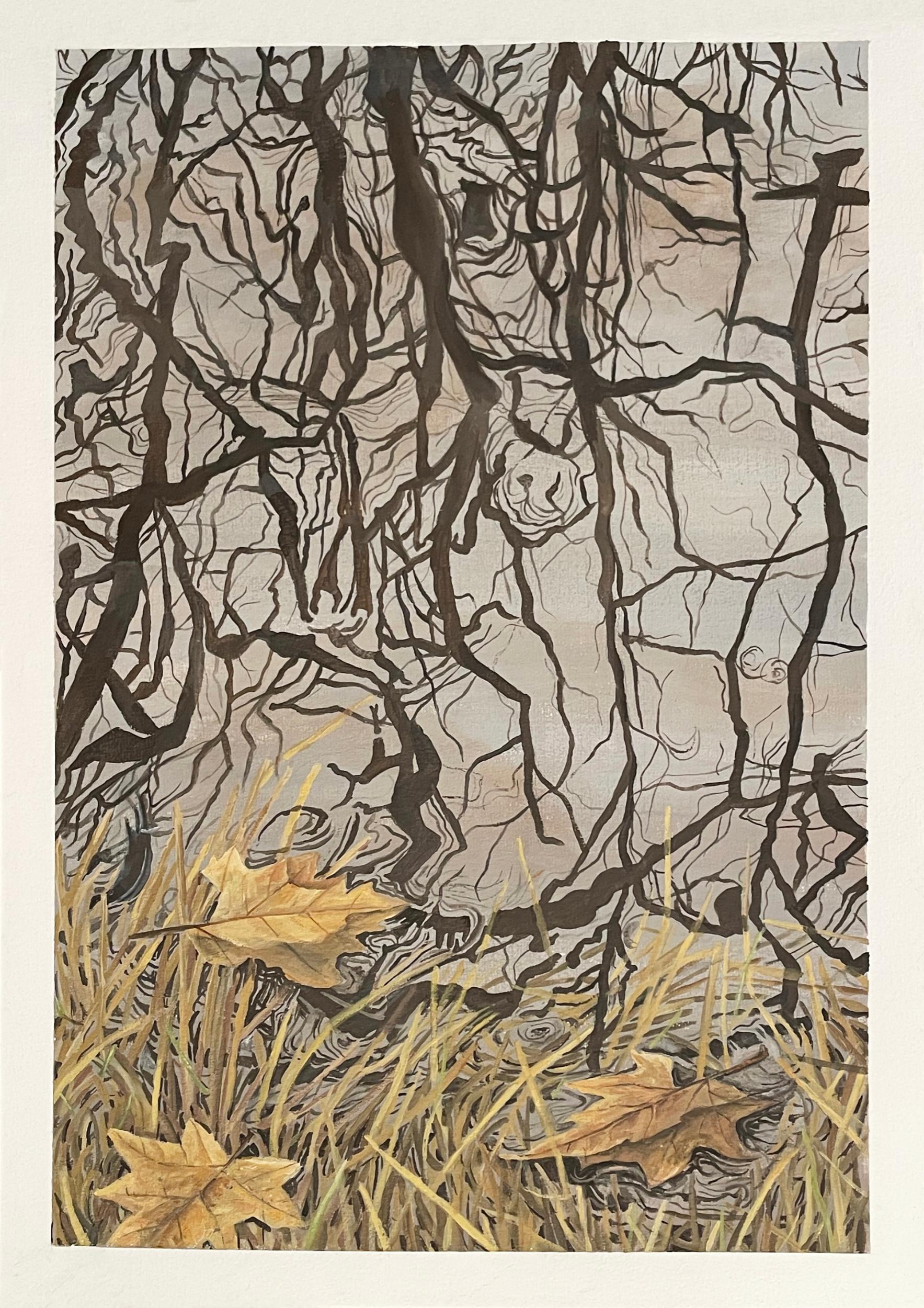 Gather on surface, Acrylic Paint on Paper, Leafs, Water reflections, Nature