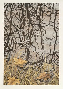 Gather on surface, Acrylic Paint on Paper, Leafs, Water reflections, Nature