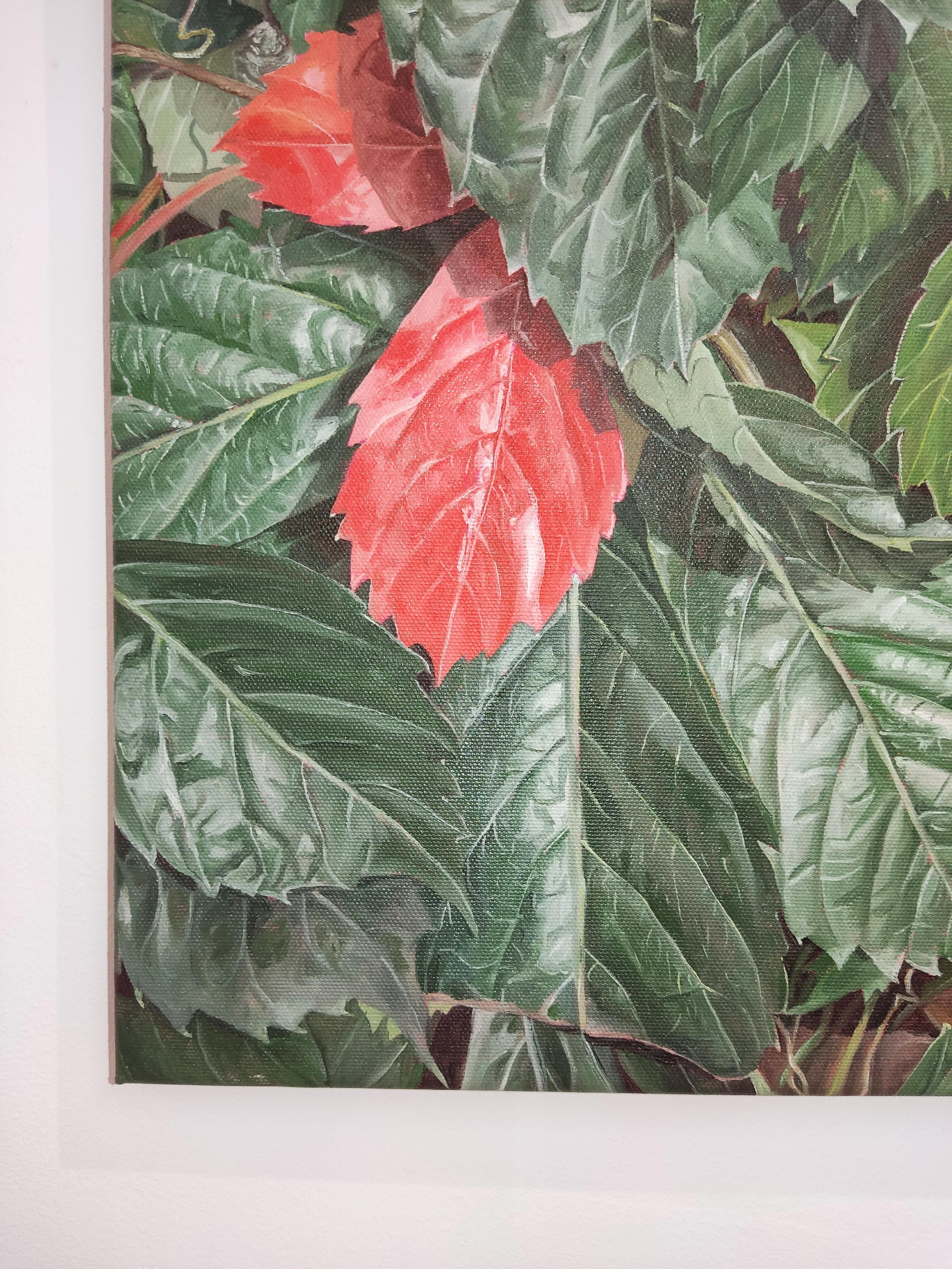 October, Oil painting on Canvas, Leafs, Forest, Realistic Nature - Contemporary Painting by Deniz Bayav