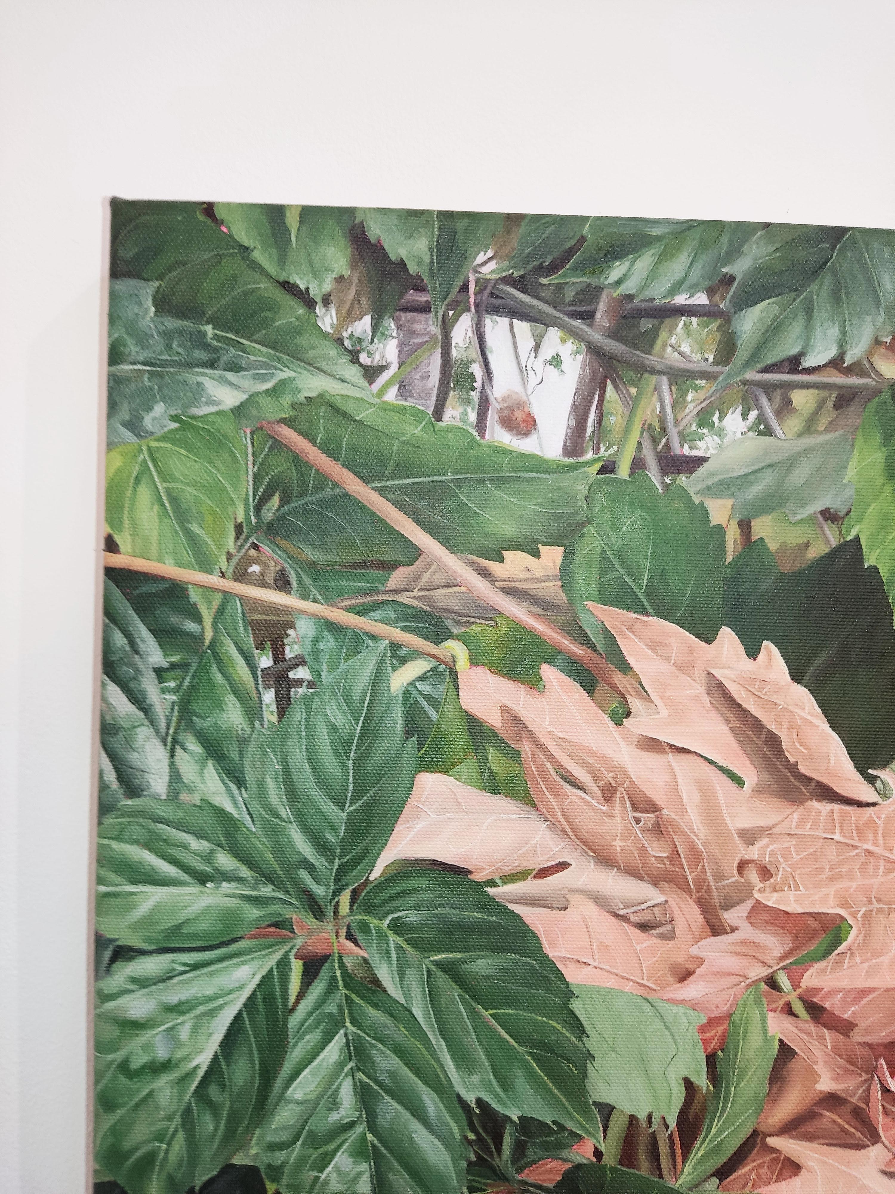October, Oil painting on Canvas, Leafs, Forest, Realistic Nature - Gray Landscape Painting by Deniz Bayav