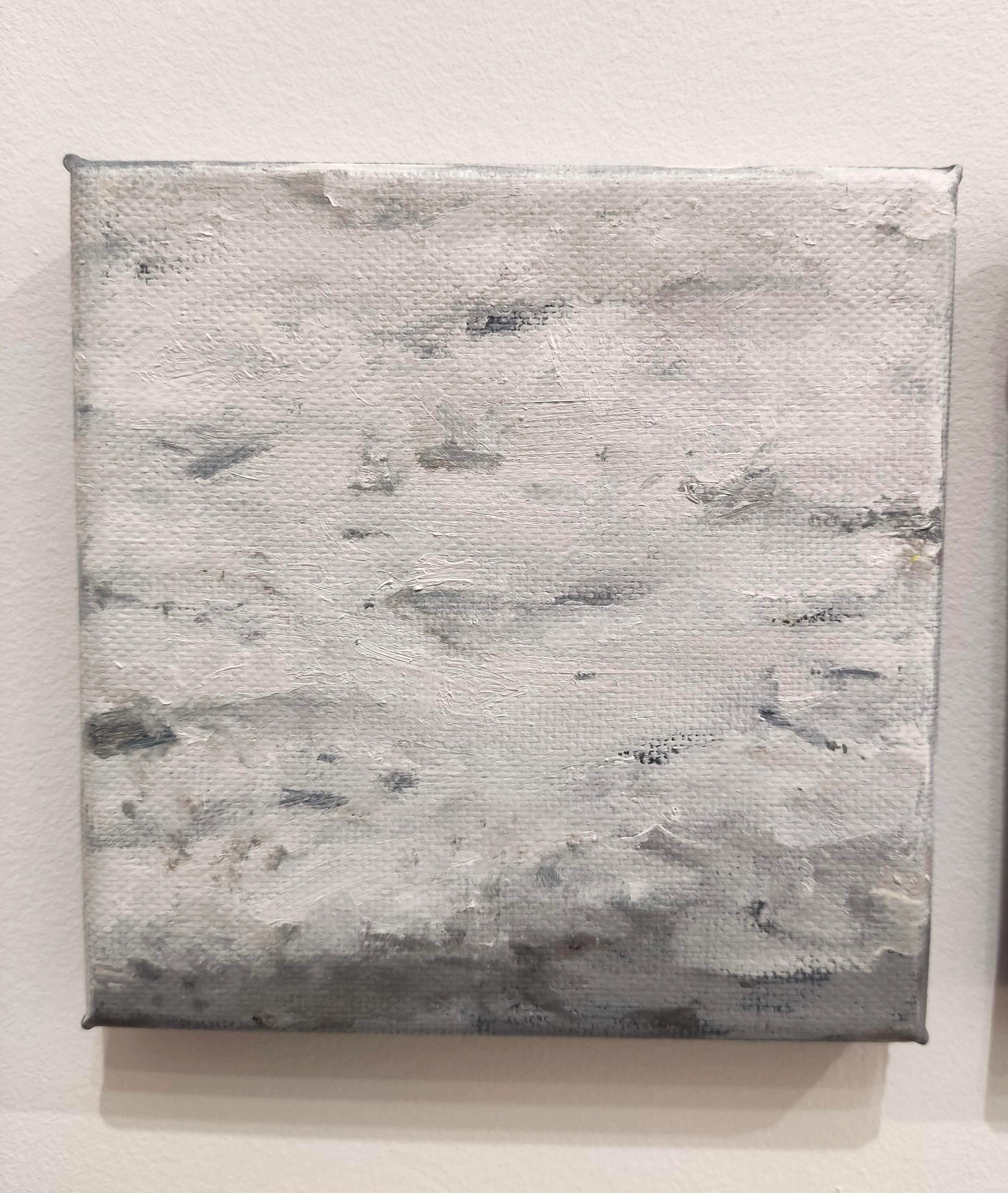 Tríptico, Óleo sobre lienzo, Paisaje contemporáneo, Nieve, Naturaleza - Landscape Painting Gris de Deniz Bayav