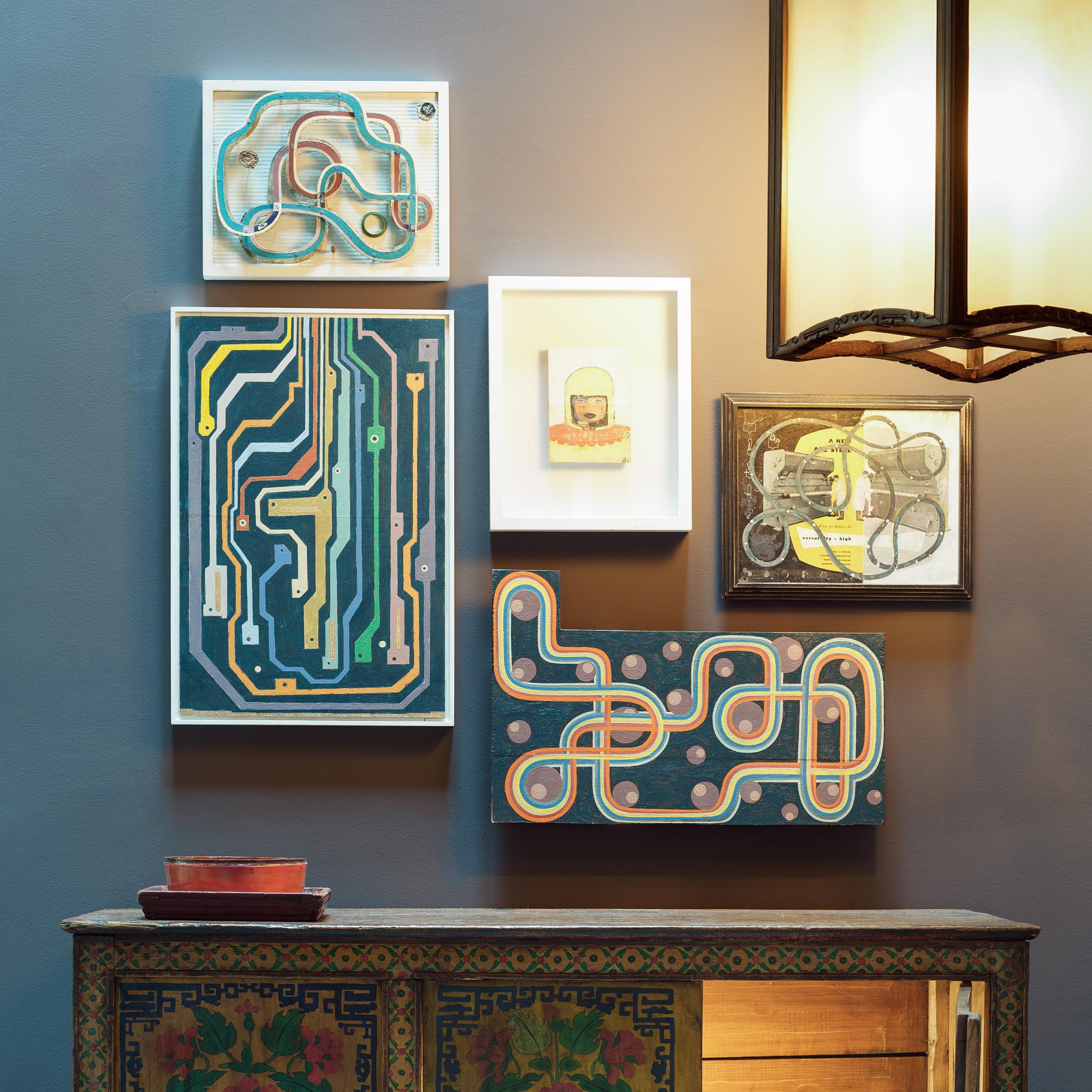 This colorful painting by Chicago-based artist Patrick Fitzgerald belongs to a body of work he calls his “Neighborhood of Infinity.” Fitzgerald uses this borrowed term literally to refer to the bounty of materials and creative inspiration he found