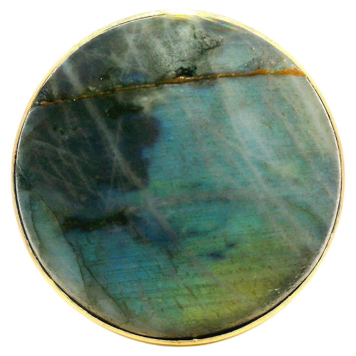 Denmark 14k Yellow Gold Round Cabochon Cut Labradorite Large Cocktail Ring For Sale
