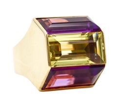 Denmark 1970 Modernist Cocktail Ring 18Kt Gold With 21.04 Ctw Beryl And Amethyst