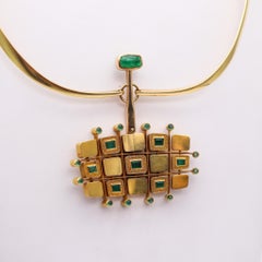 Denmark 1970 Modernist Geometric Necklace In 18Kt Gold With 9.75 Ctw In Emeralds