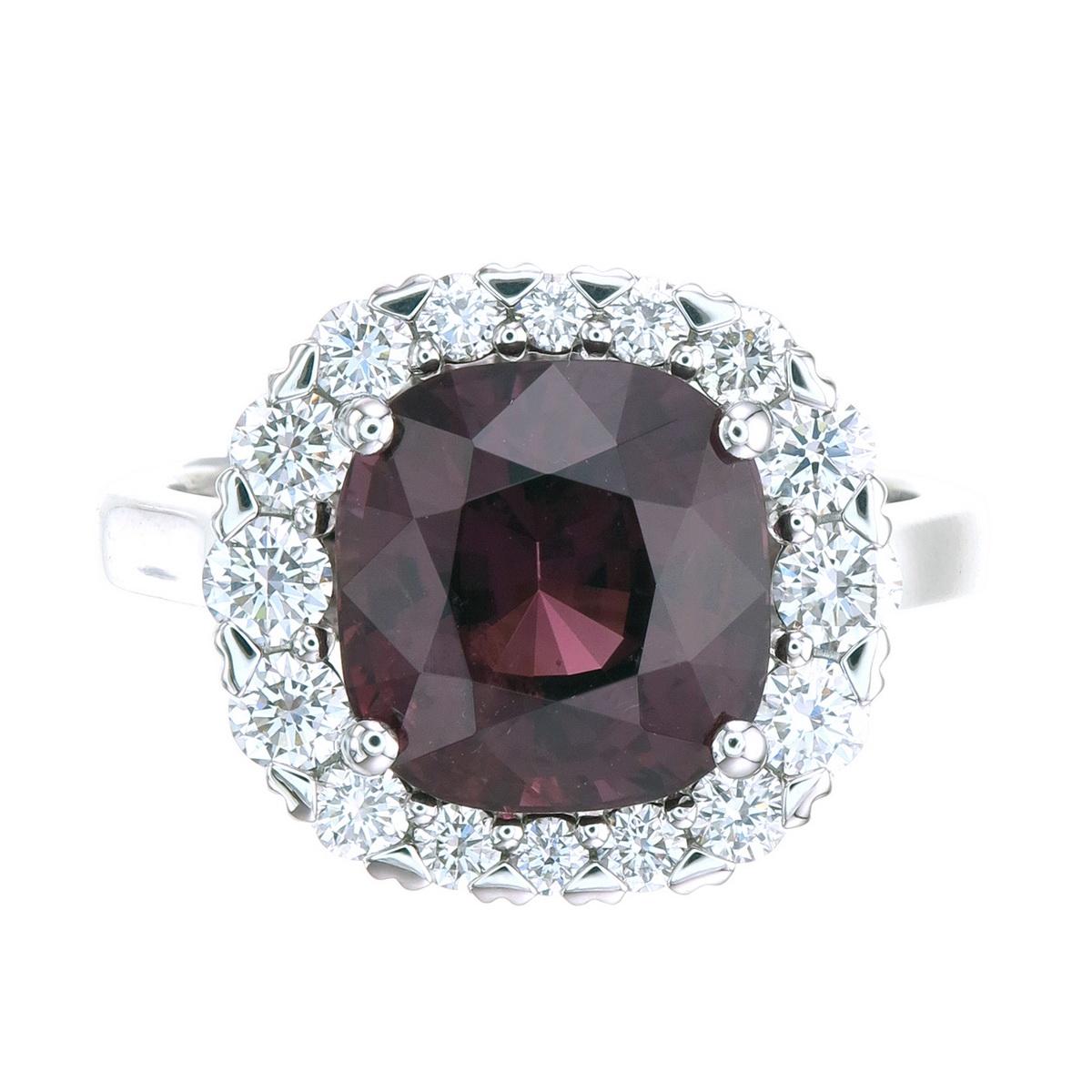Orloff of Denmark's own; 'Sanguine Cherry'
5.19 carat red Spinel set in 950 platinum. A floral crown of gorgeous VS1, D-F diamonds enclave upon the center ring bringing an entire ensemble of bright brilliance and fiery sparkle.
This center stone