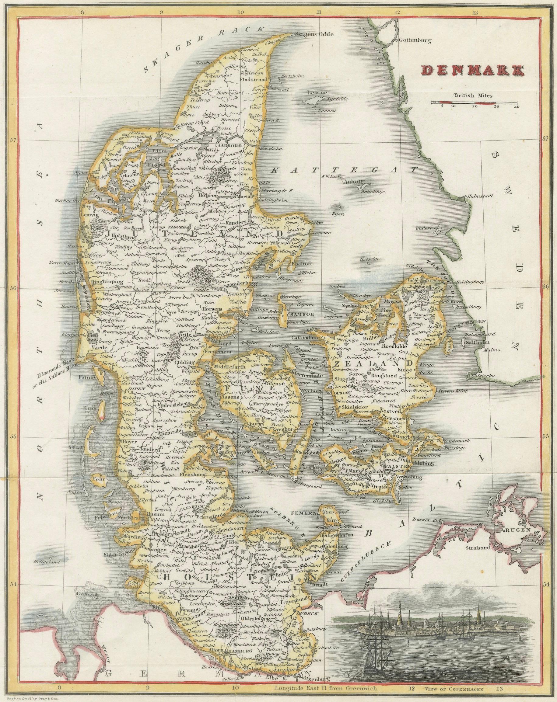 Denmark Antique Map with View of Copenhagen, Hand Colored Steel Engraving c.1850