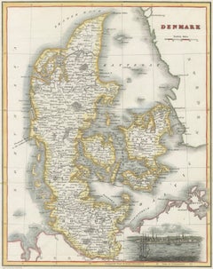 Denmark Antique Map with View of Copenhagen, Hand Colored Steel Engraving c.1850