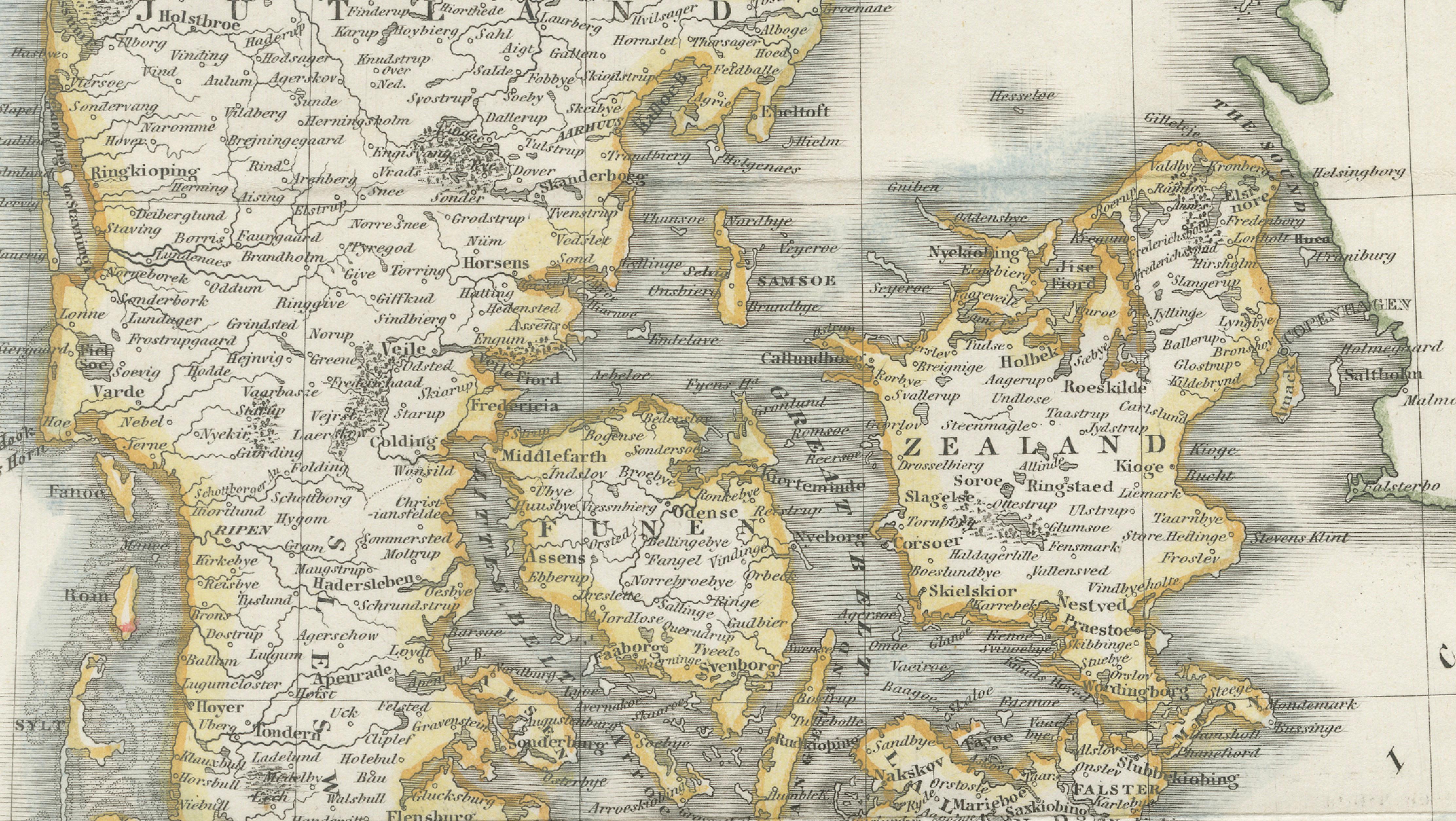 Denmark Antique Map with View of Copenhagen, Hand Colored Steel Engraving c.1850