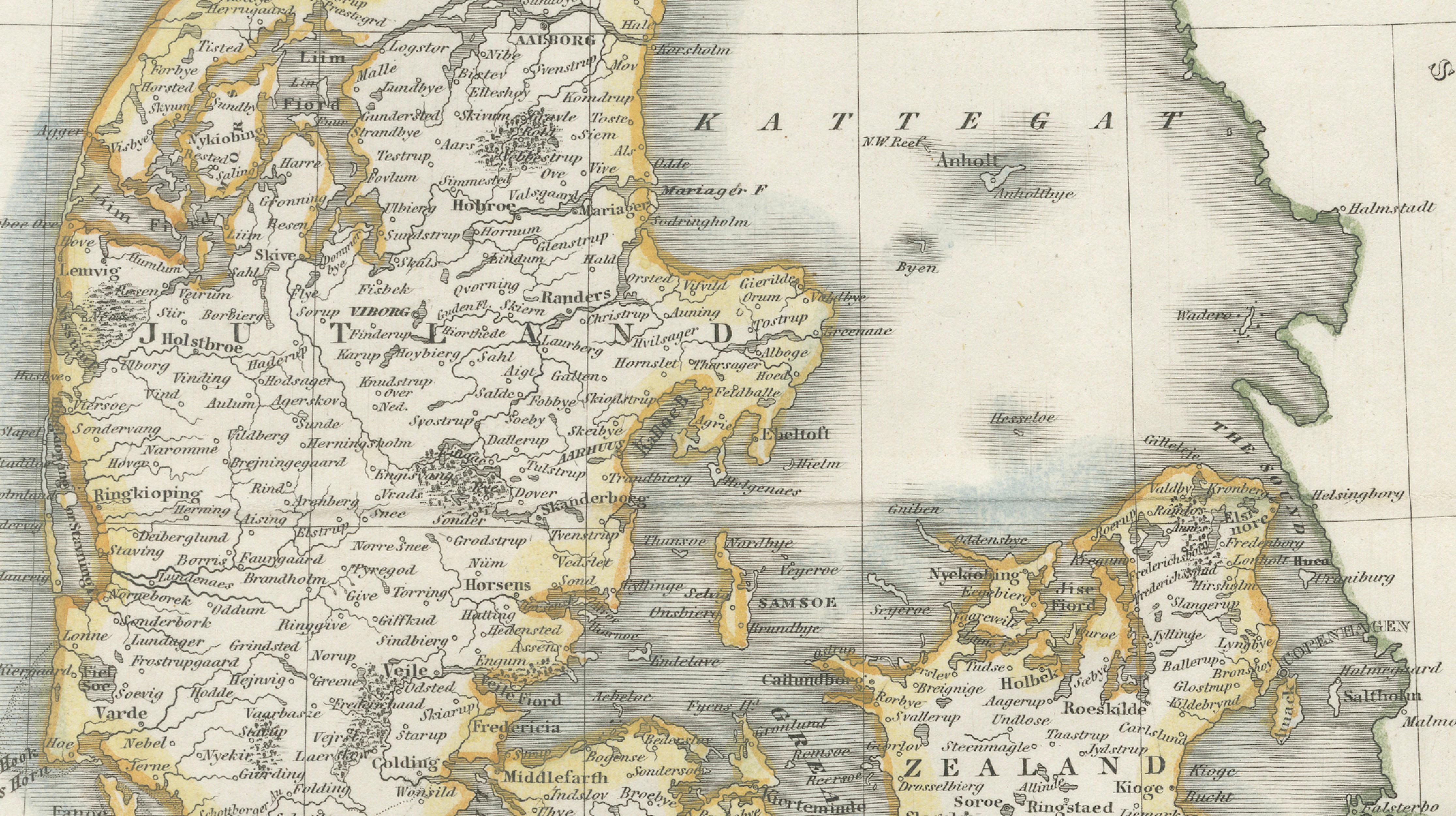 Denmark Antique Map with View of Copenhagen, Hand Colored Steel Engraving c.1850