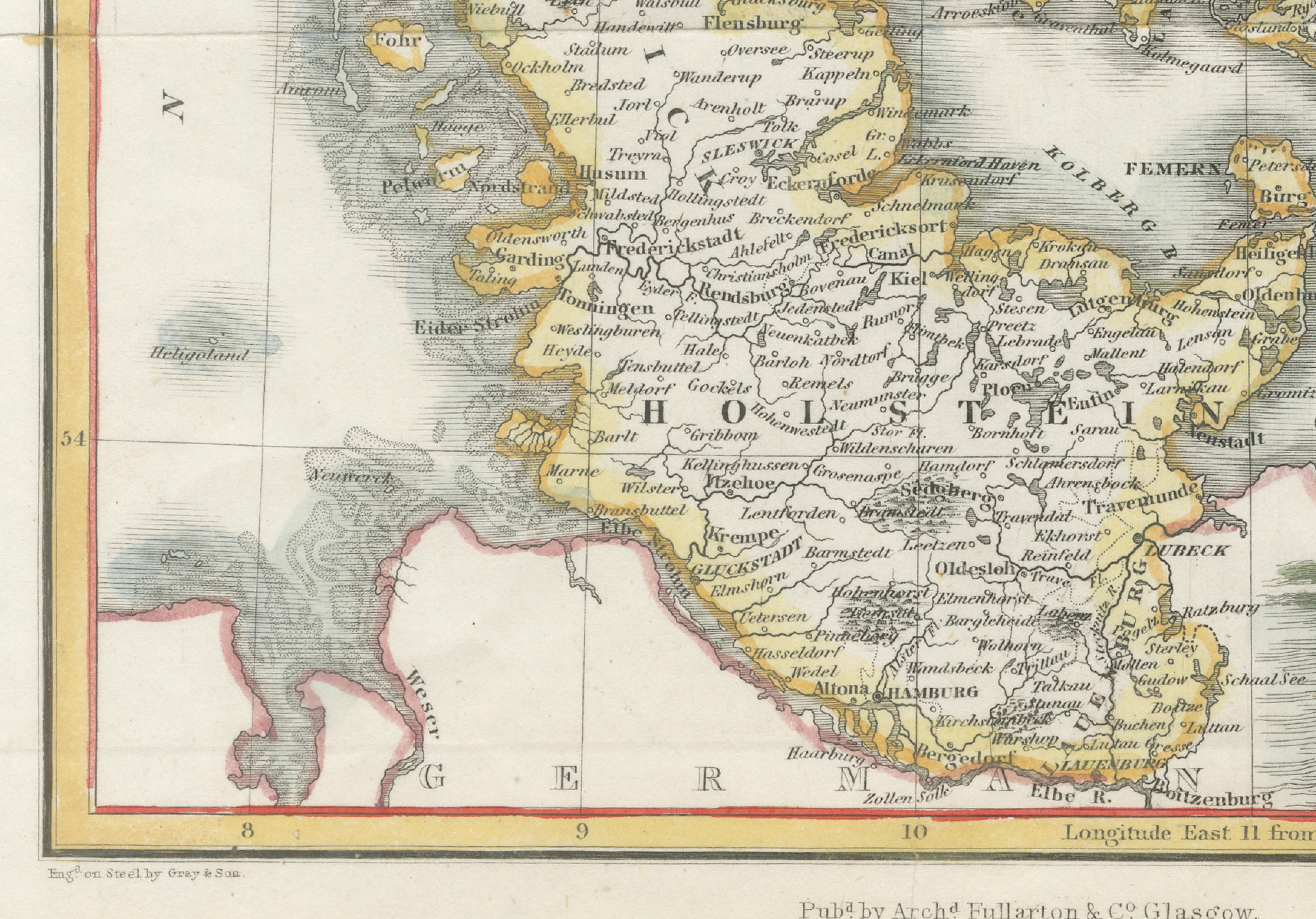 Denmark Antique Map with View of Copenhagen, Hand Colored Steel Engraving c.1850
