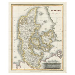 Denmark Antique Map with View of Copenhagen, Hand Colored Steel Engraving c.1850