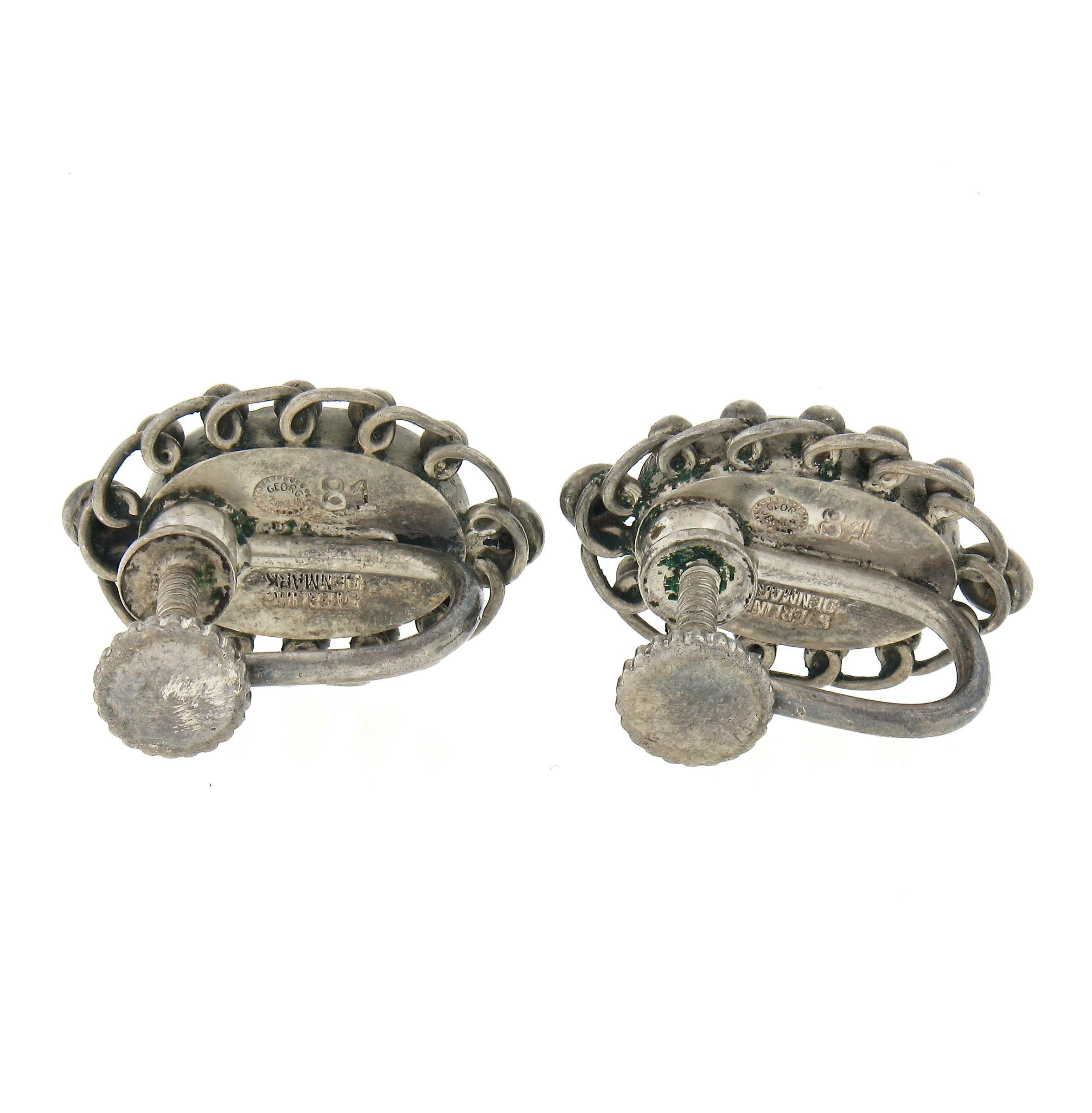 Denmark Georg Jensen #81 Silver Flower Screw On Earrings w/ Oval Chalcedony In Excellent Condition In Montclair, NJ