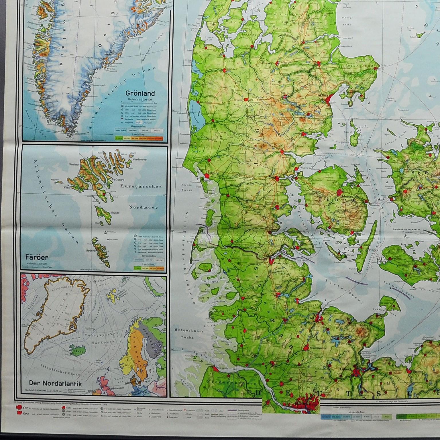 German Denmark Greenland Faroe Islands the North Atlantic Vintage Mural Map Wall Chart For Sale
