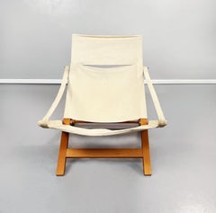 Denmark Mid-Century Folding Deck Chair in Wood and Cream Fabric by Cado, 1960s