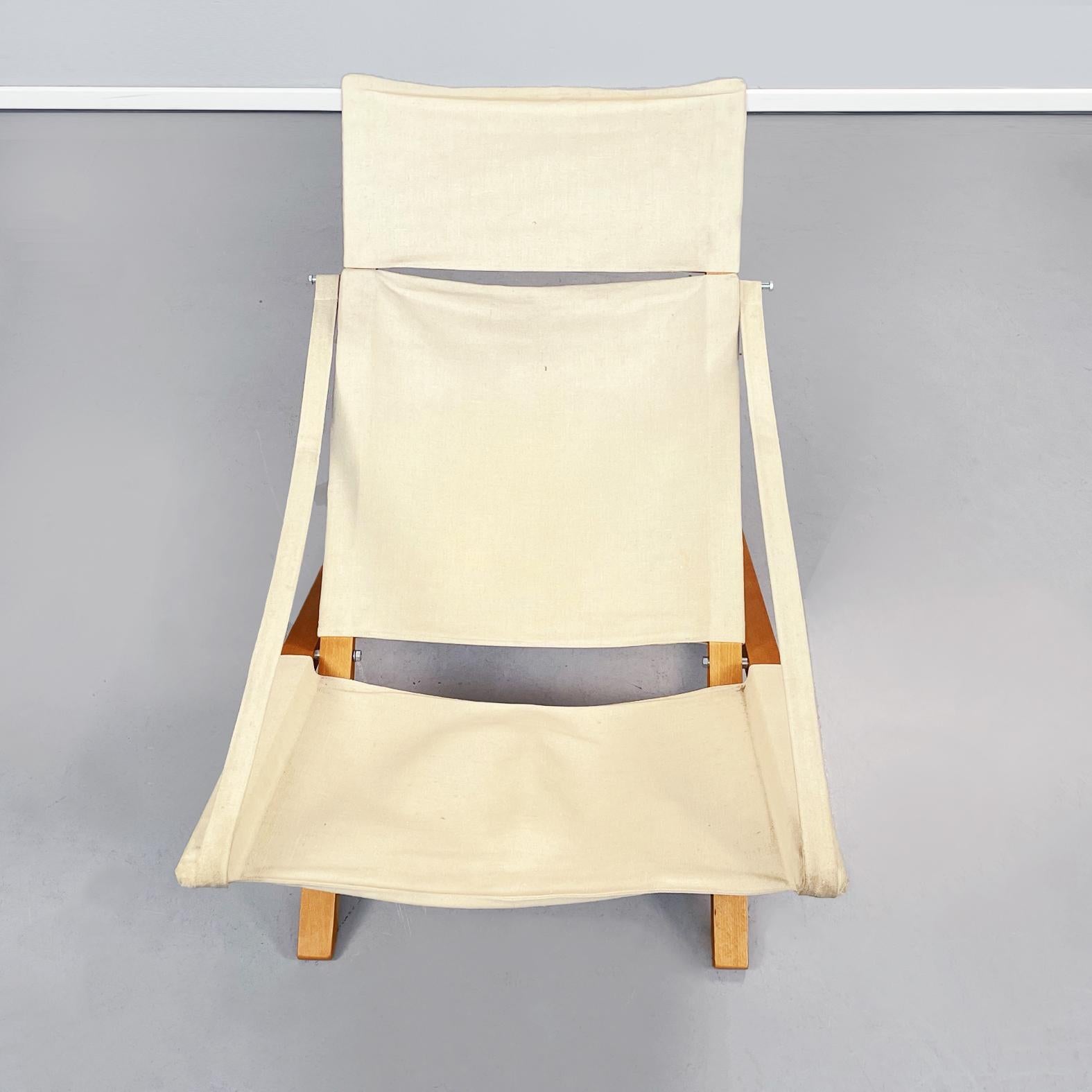 Danish Denmark Mid-Century Folding Deck Chair in Wood and Cream Fabric by Cado, 1960s