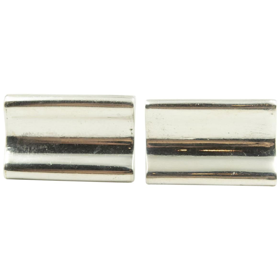 Denmark Modernist Wave Sterling Silver Rectangular Cufflinks by E. Dragsted