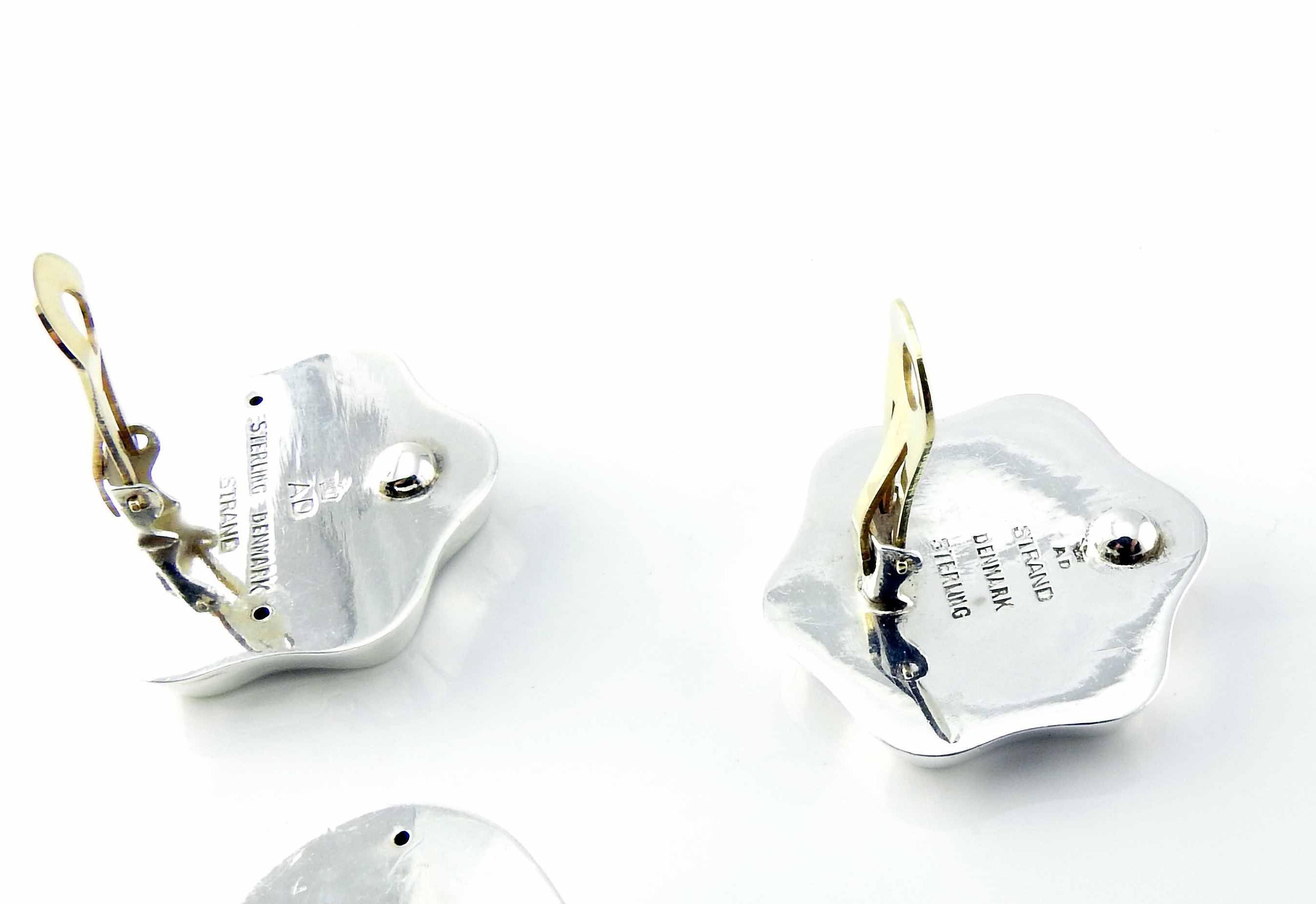 Denmark Sterling Silver Modernist Flower Pin & Clip-On Earrings Set #5853 For Sale 1