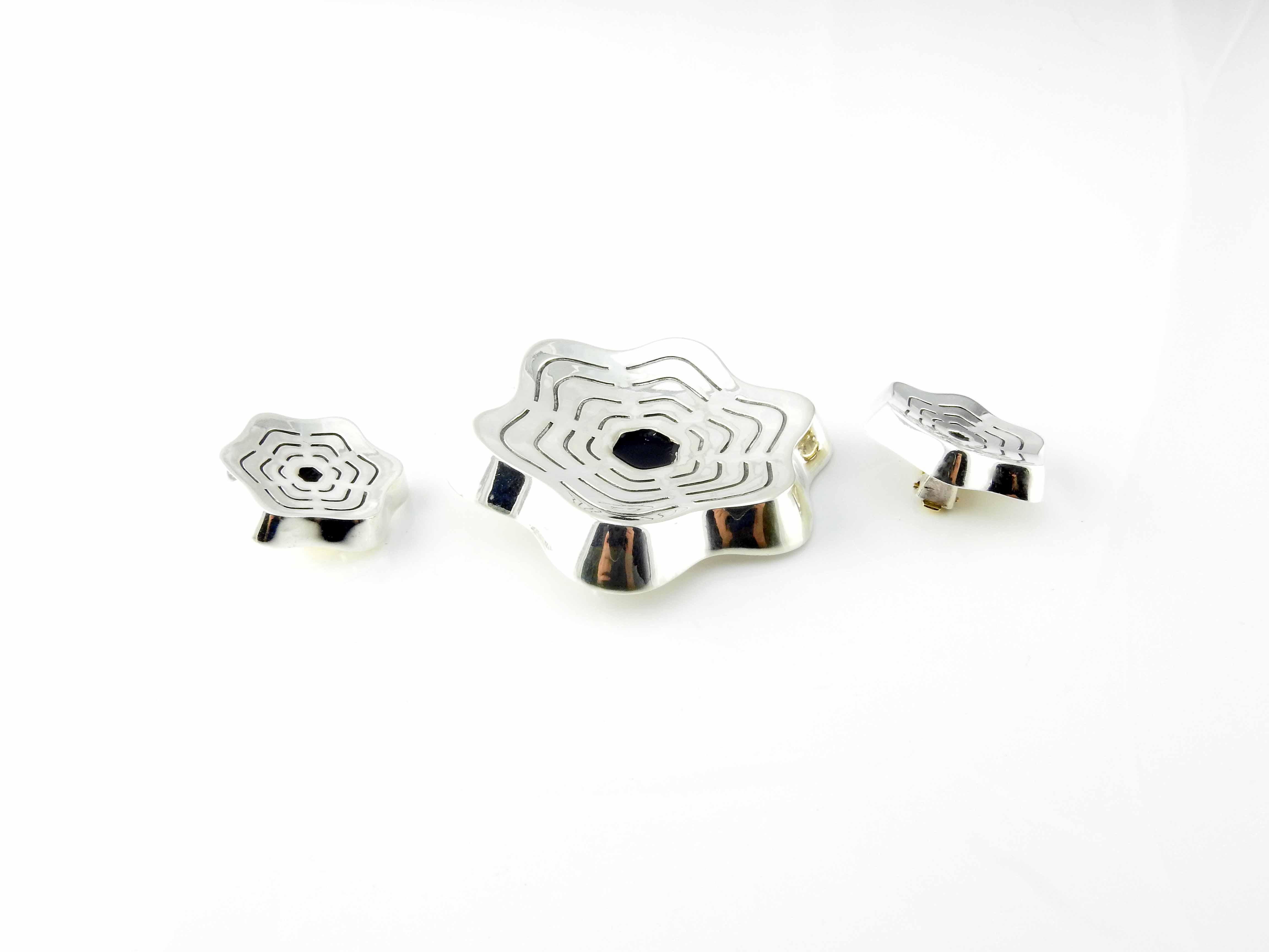 Denmark Sterling Silver Modernist Flower Pin & Clip-On Earrings Set #5853 For Sale 3