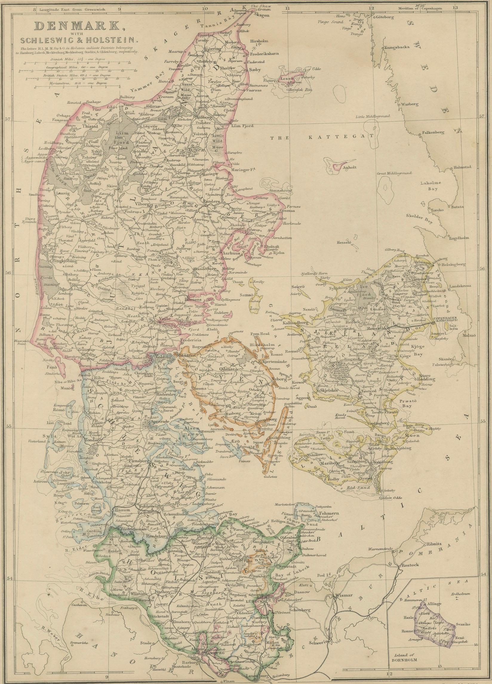 Denmark with Schleswig & Holstein, Iceland, Greenland, Antique Map, Blackie 1860