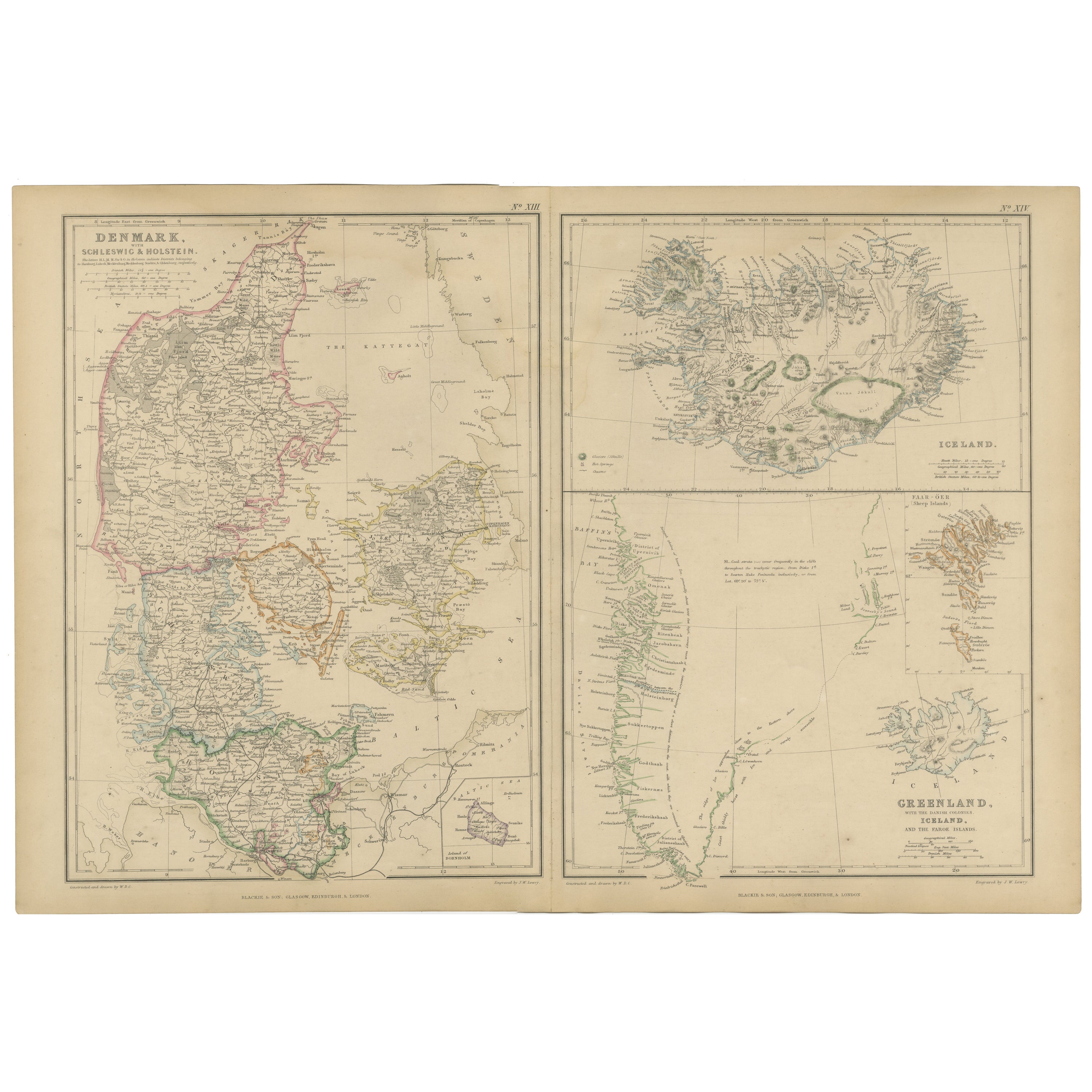 Denmark with Schleswig & Holstein, Iceland, Greenland, Antique Map, Blackie 1860