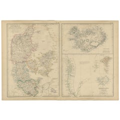 Denmark with Schleswig & Holstein, Iceland, Greenland, Antique Map, Blackie 1860 Denmark with Schleswig & Holstein, Iceland, Greenland, Antique Map, Blackie 1860