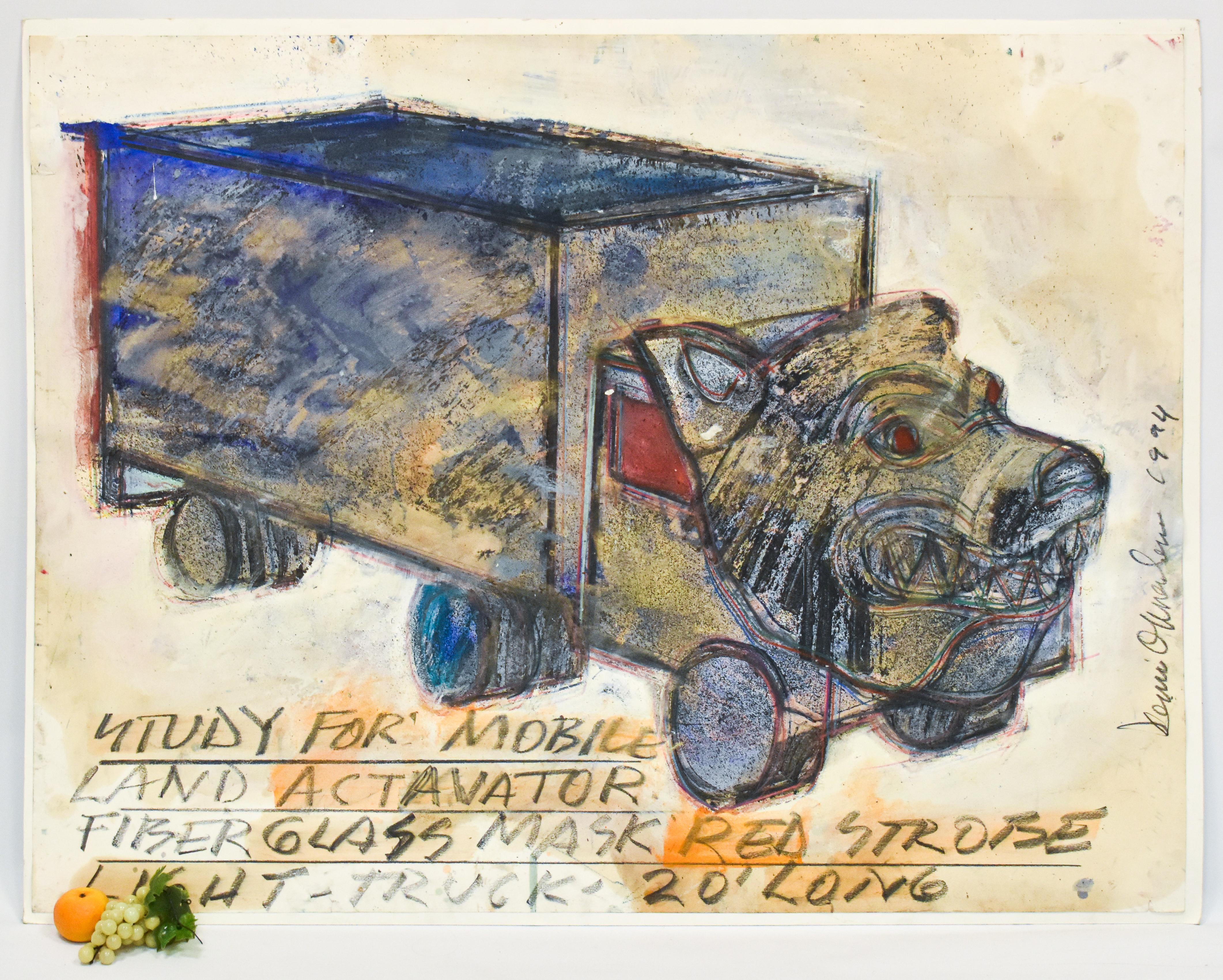 Study for mobile land actavator fiber glass mask red strobe light truck - Painting by Dennis A. Oppenheim