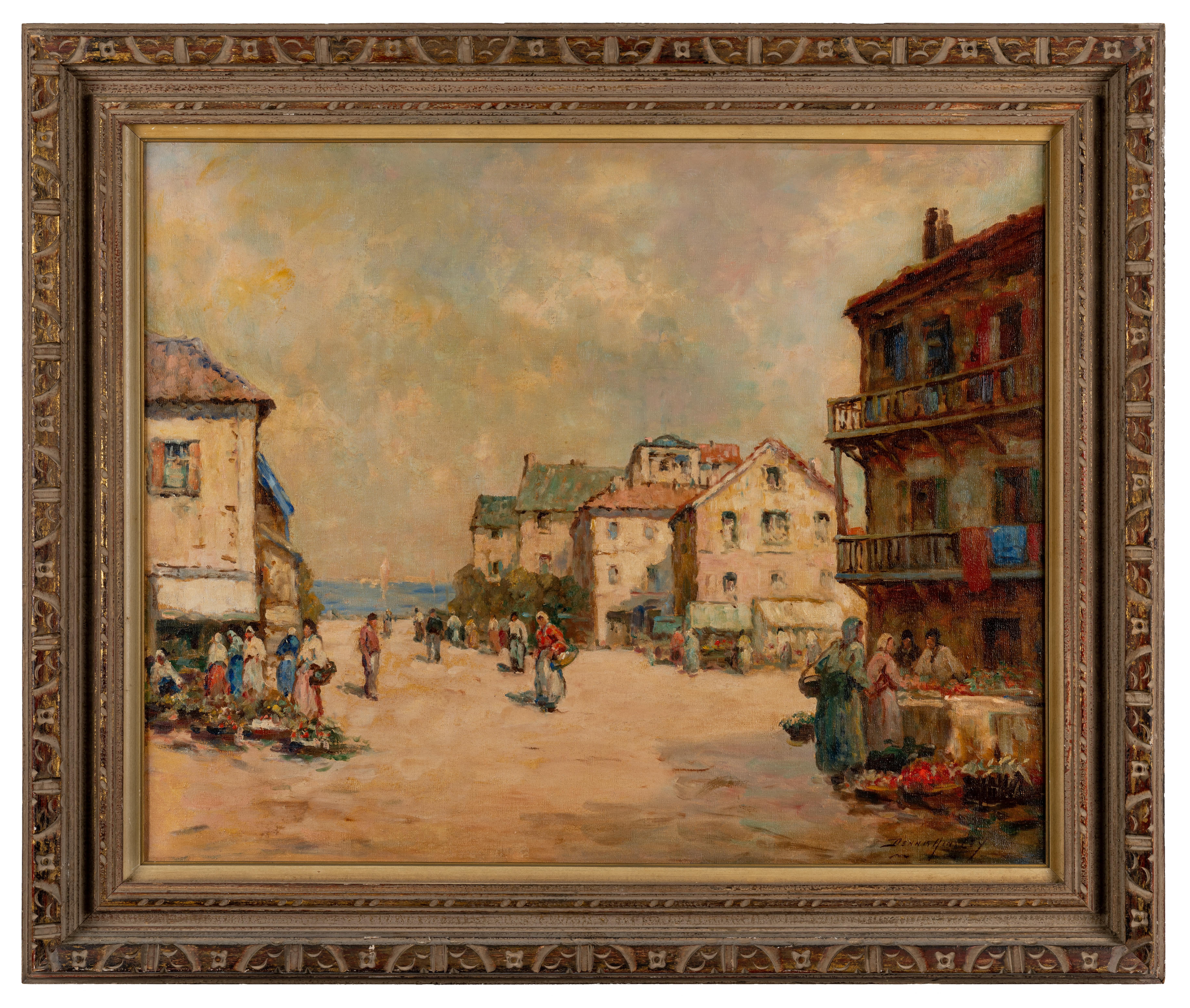 Dennis Ainsley Figurative Painting - Village by the Sea