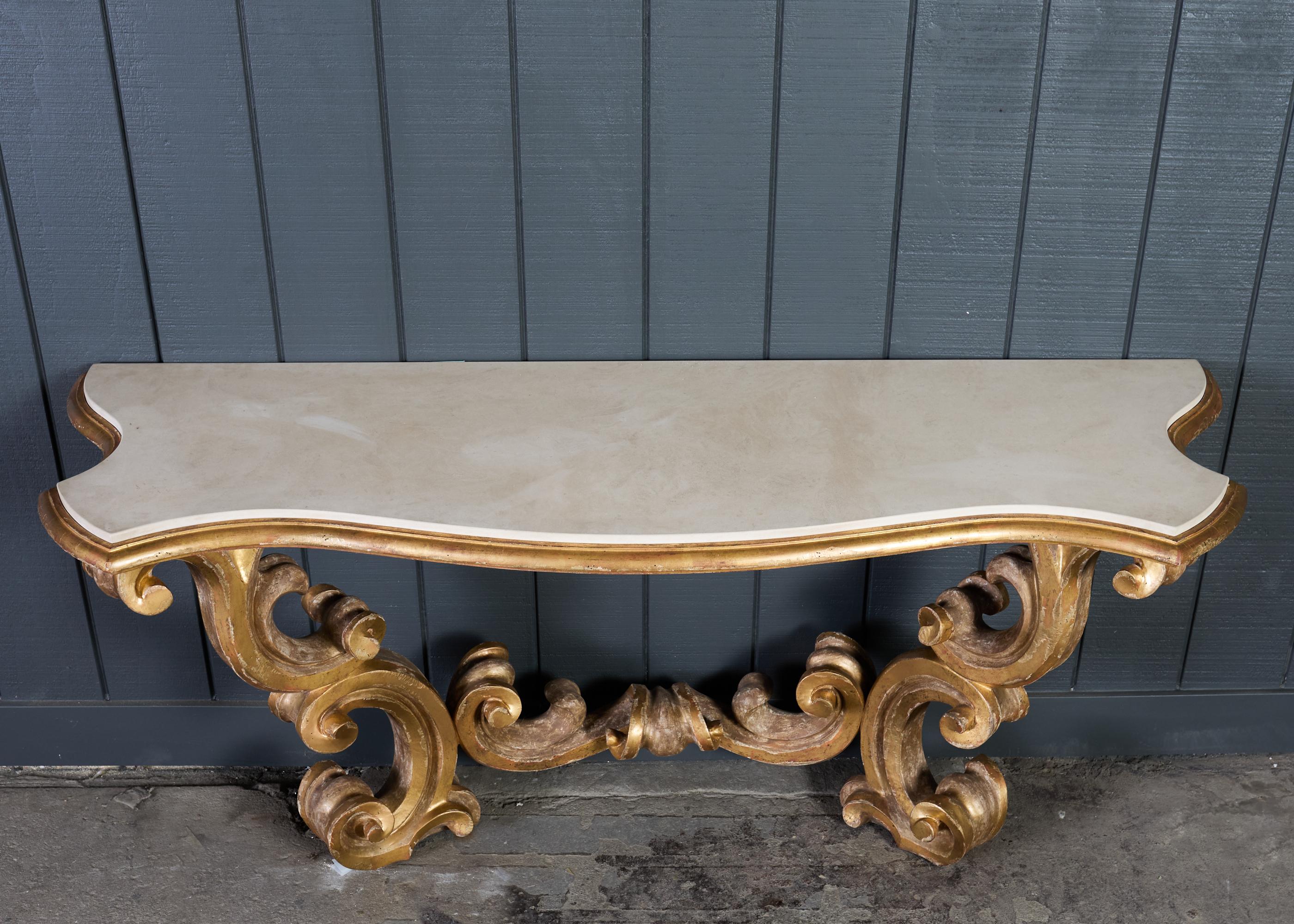 Gilt Dennis and Leen Baroque Console French Limestone Top For Sale