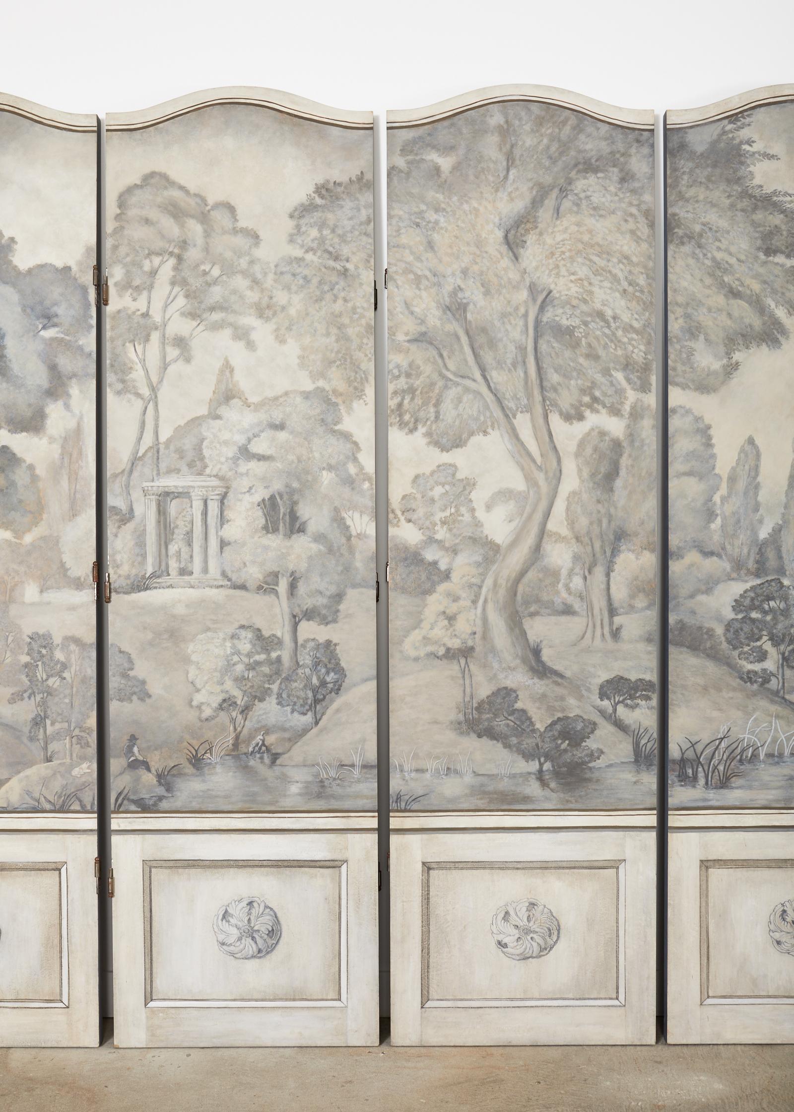 Painted Dennis and Leen Eight Panel Screen Neoclassical Grisaille Landscape For Sale