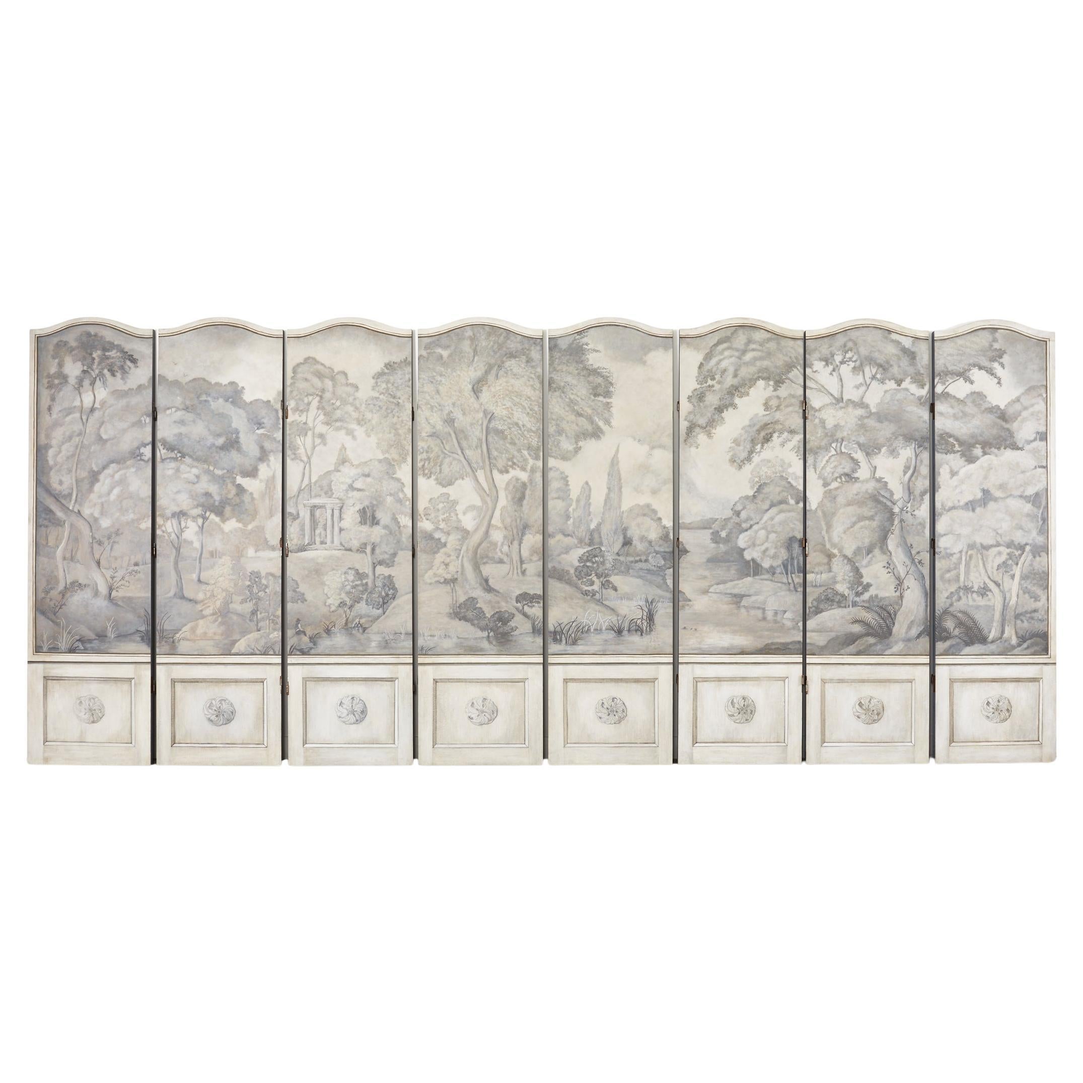 Dennis and Leen Eight Panel Screen Neoclassical Grisaille Landscape For Sale