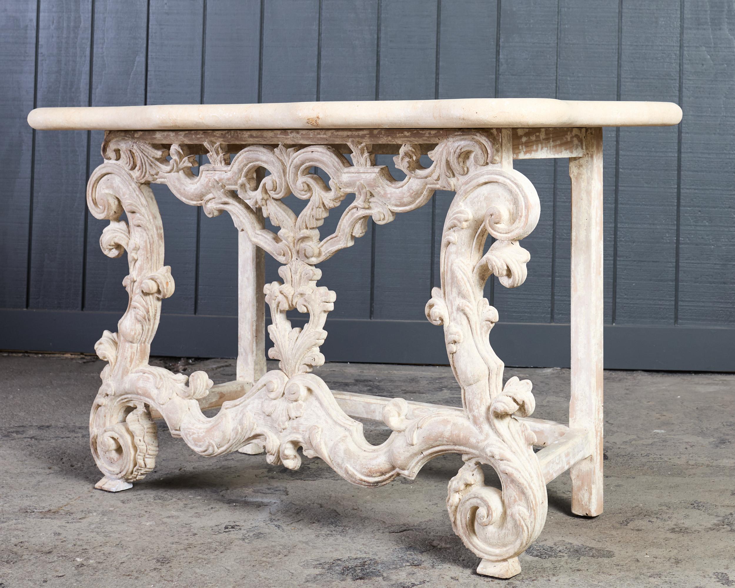 Molded Dennis and Leen Spanish Baroque Stone Top Console Table For Sale