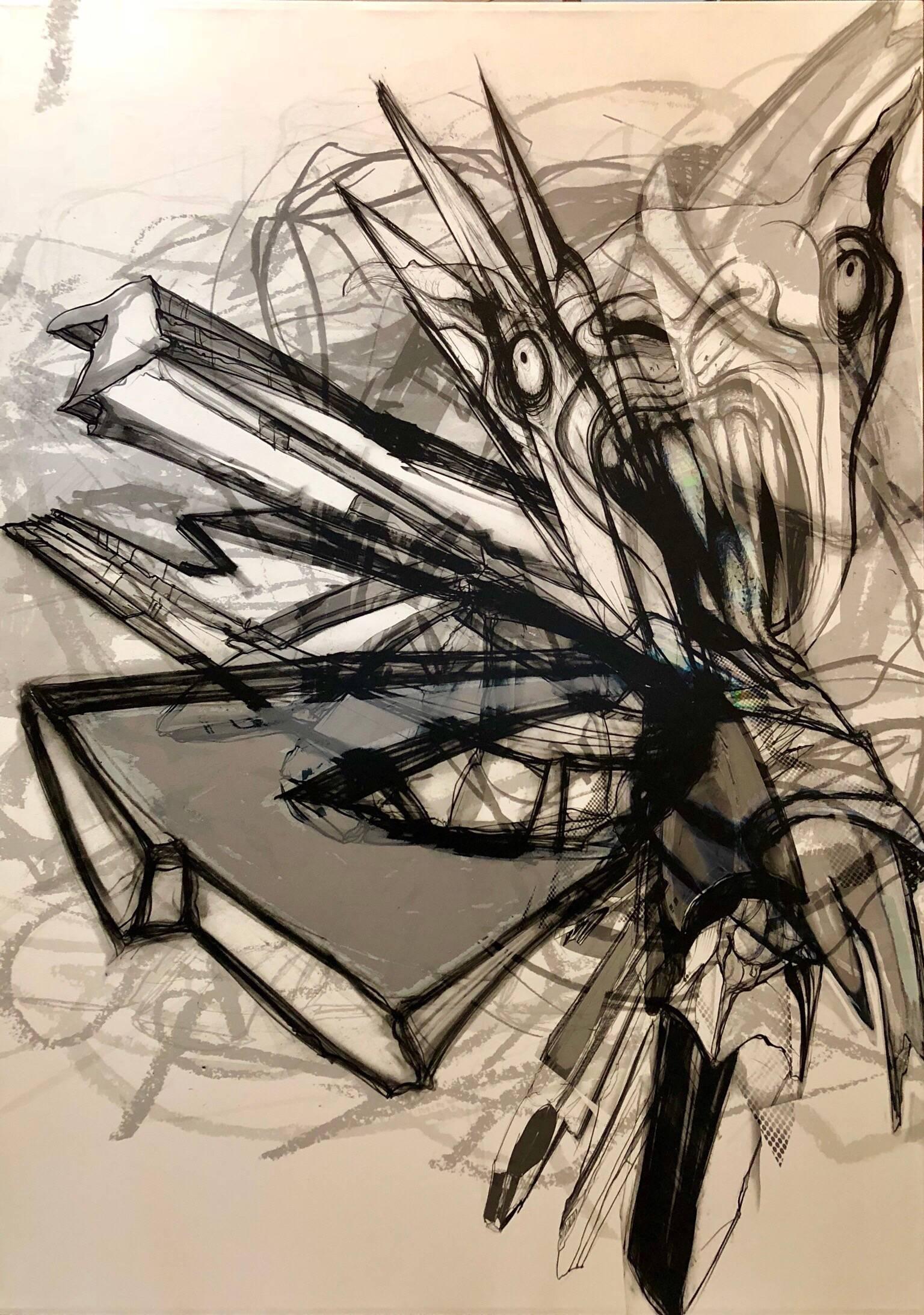 From his show Hashish at Michael Steinberg Gallery (bearing their label verso)
Reviewed by Roberta Smith in the New York Times.
Abstract Expressionism meets graffiti photography. Cy Twombly in cyberspace. Existential physics. The trajectories of car