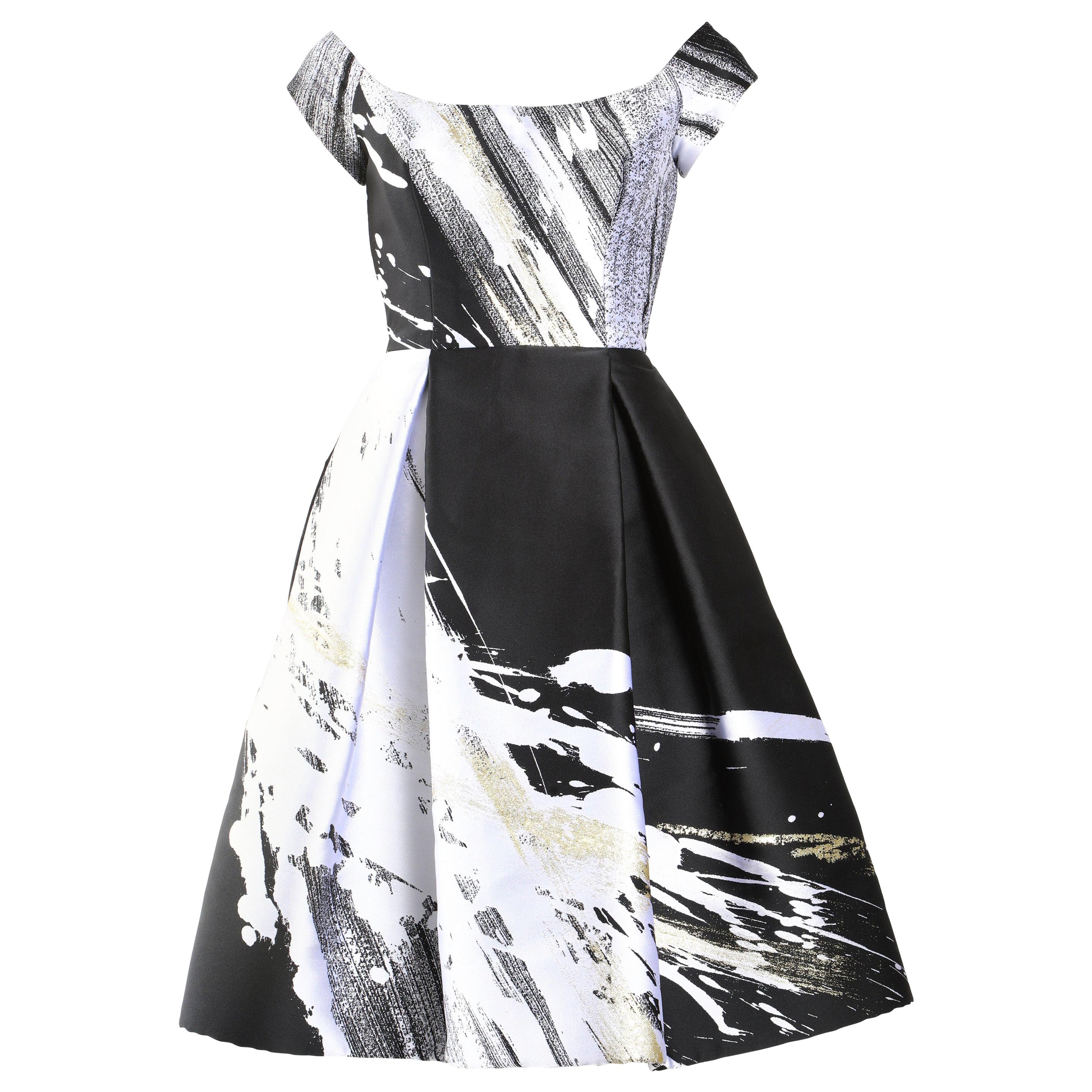 Dennis Basso Couture Boat Neck Black, White and Gold Knee Length Dress
