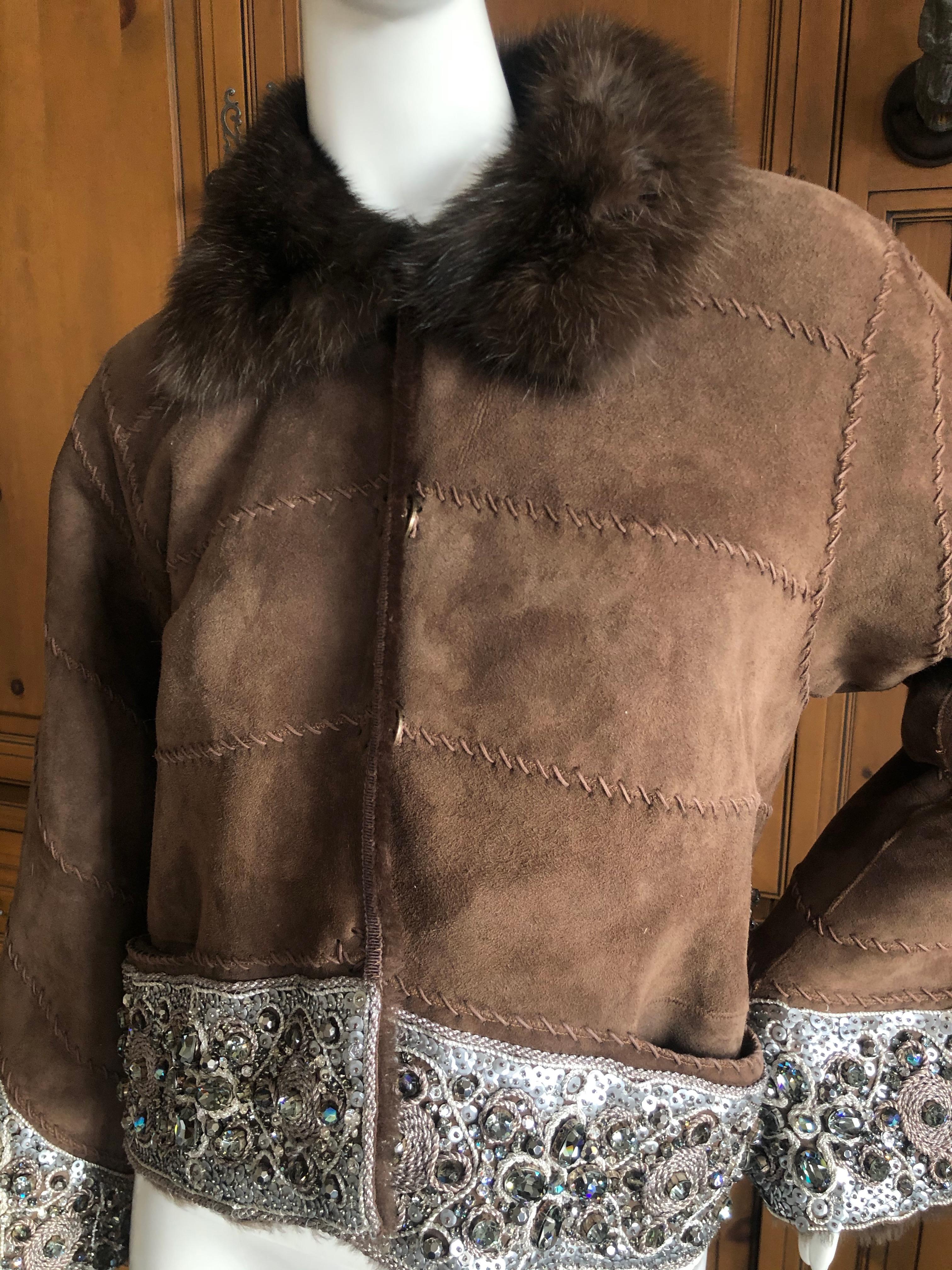 Brown Dennis Basso Crystal Embellished Whipstitched Shearling Jacket with Sable Collar For Sale