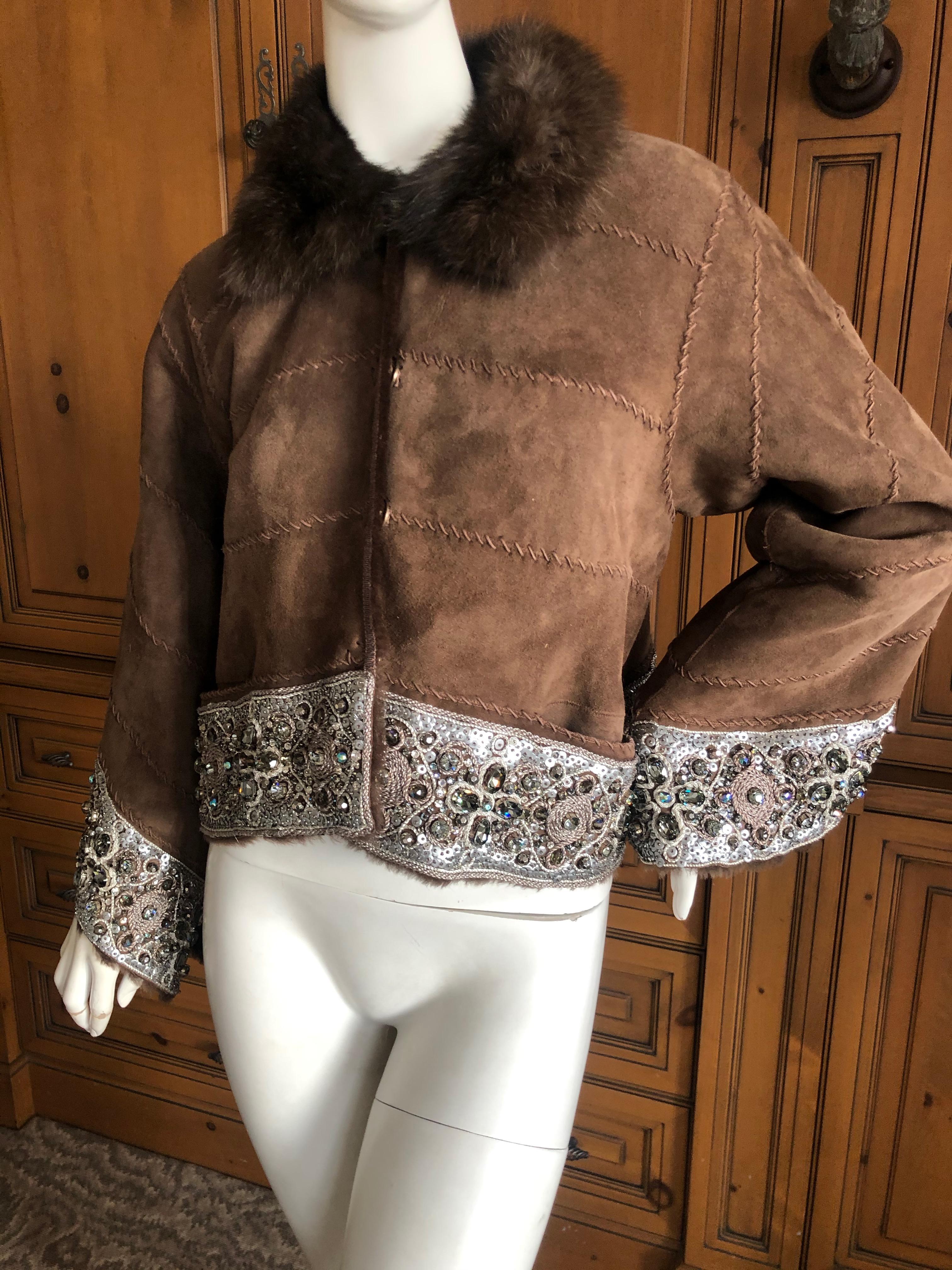 Dennis Basso Crystal Embellished Whipstitched Shearling Jacket with Sable Collar In Excellent Condition For Sale In Cloverdale, CA