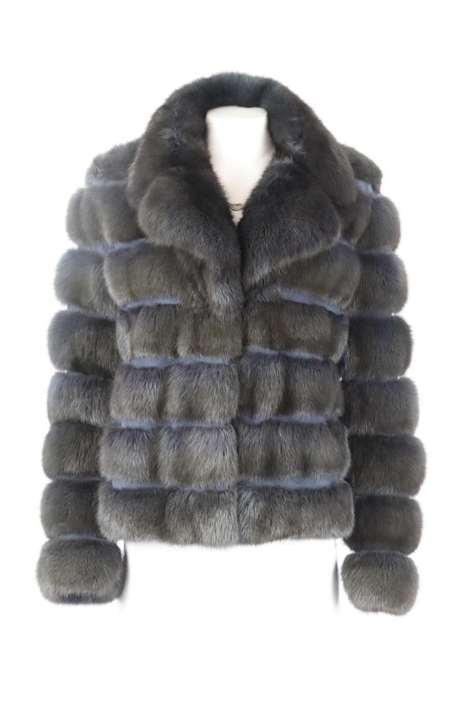 Dennis Sable sabel fur and suede jacket. Blue. Long sleeve, v-neck. Hook and eye fastening at front. 100% Dyed sable fur; lining: 100% cashmere. Size: Small (UK 8, US 4, FR 36, IT 40). Shoulder to shoulder: 18.3 in. Bust: 41.2 in. Waist: 42 in.