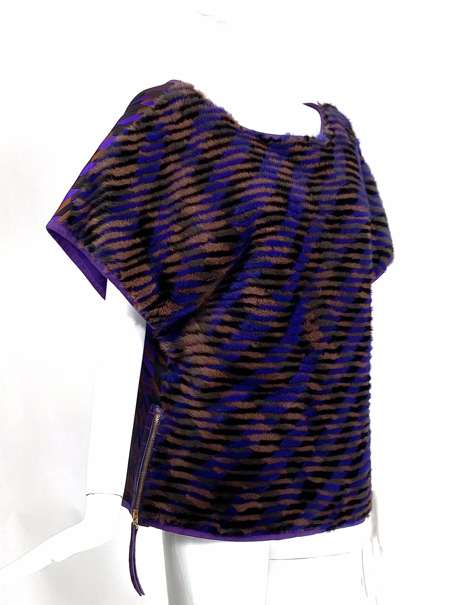 Dennis Basso striped dyed mink & silk twill top. The front of this gorgeous top is made of mink fur dyed in shades of purple, pink-taupe and grey brown set in a horizontal pattern, the back of the top is done in silk/wool twill, the pattern in