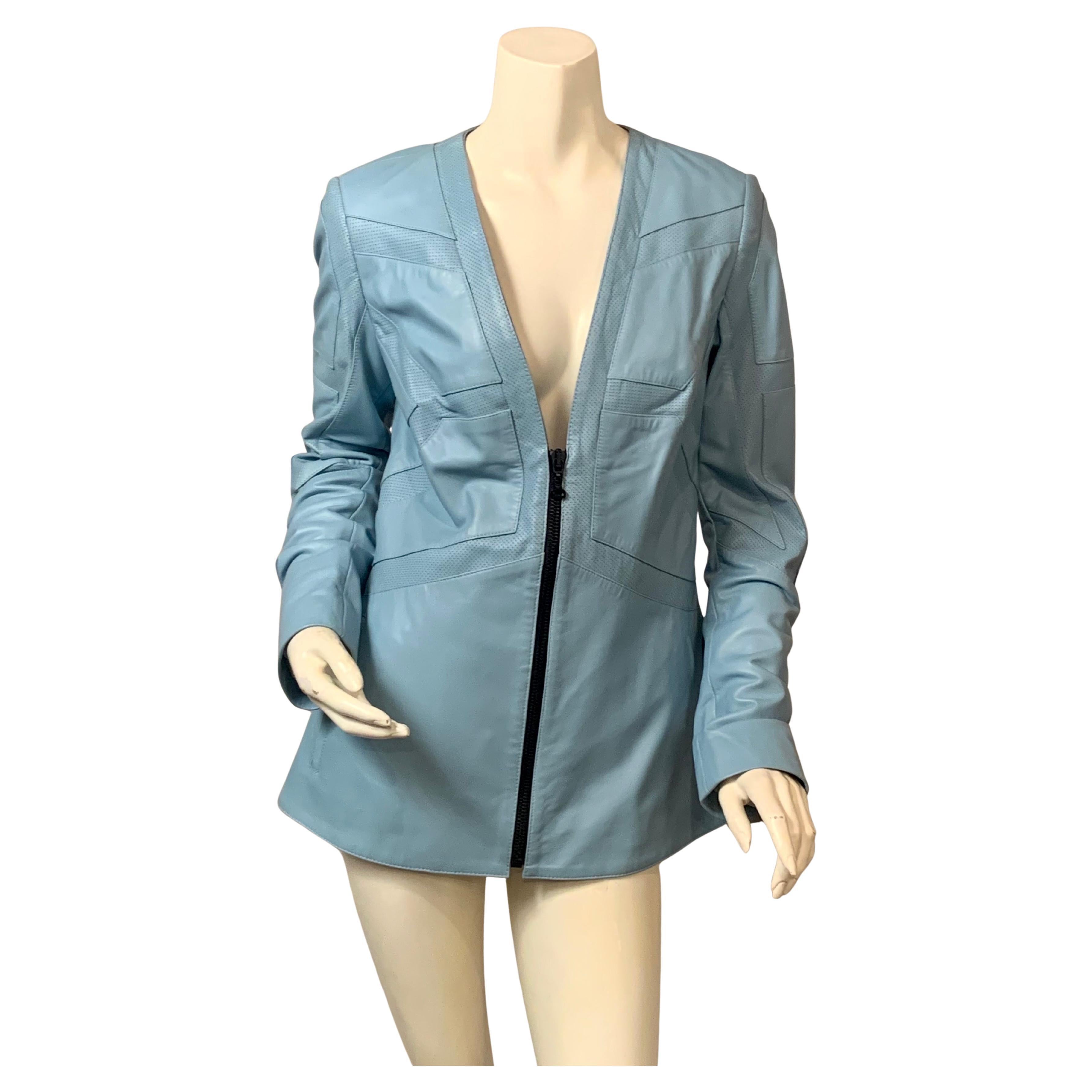 Giacca in pelle blu acqua di Dennis Basso