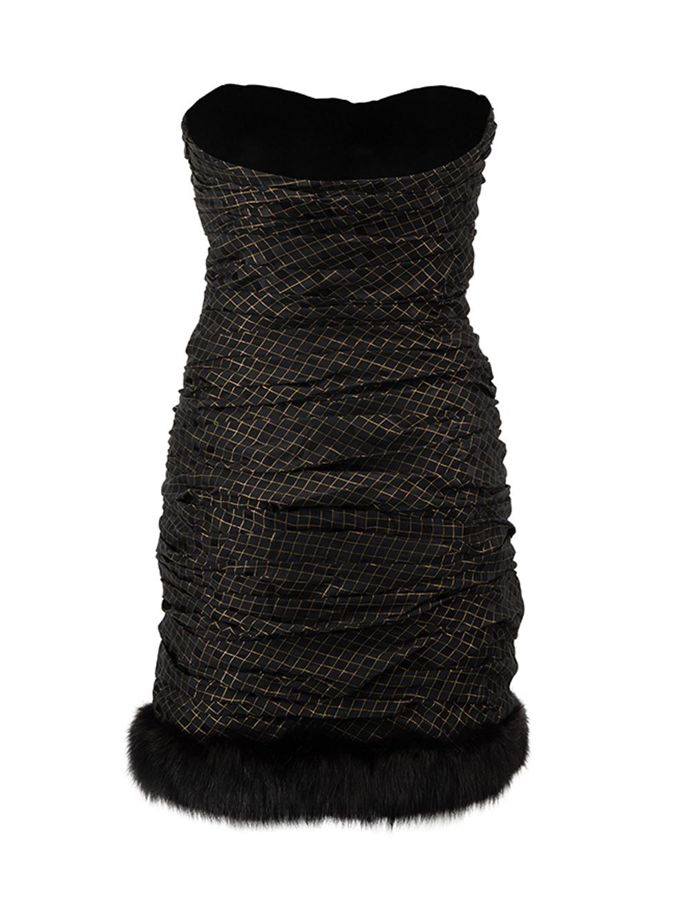 Dennis Basso Women's Black Gingham Strapless Fur Trim Mini Dress In Excellent Condition In London, GB