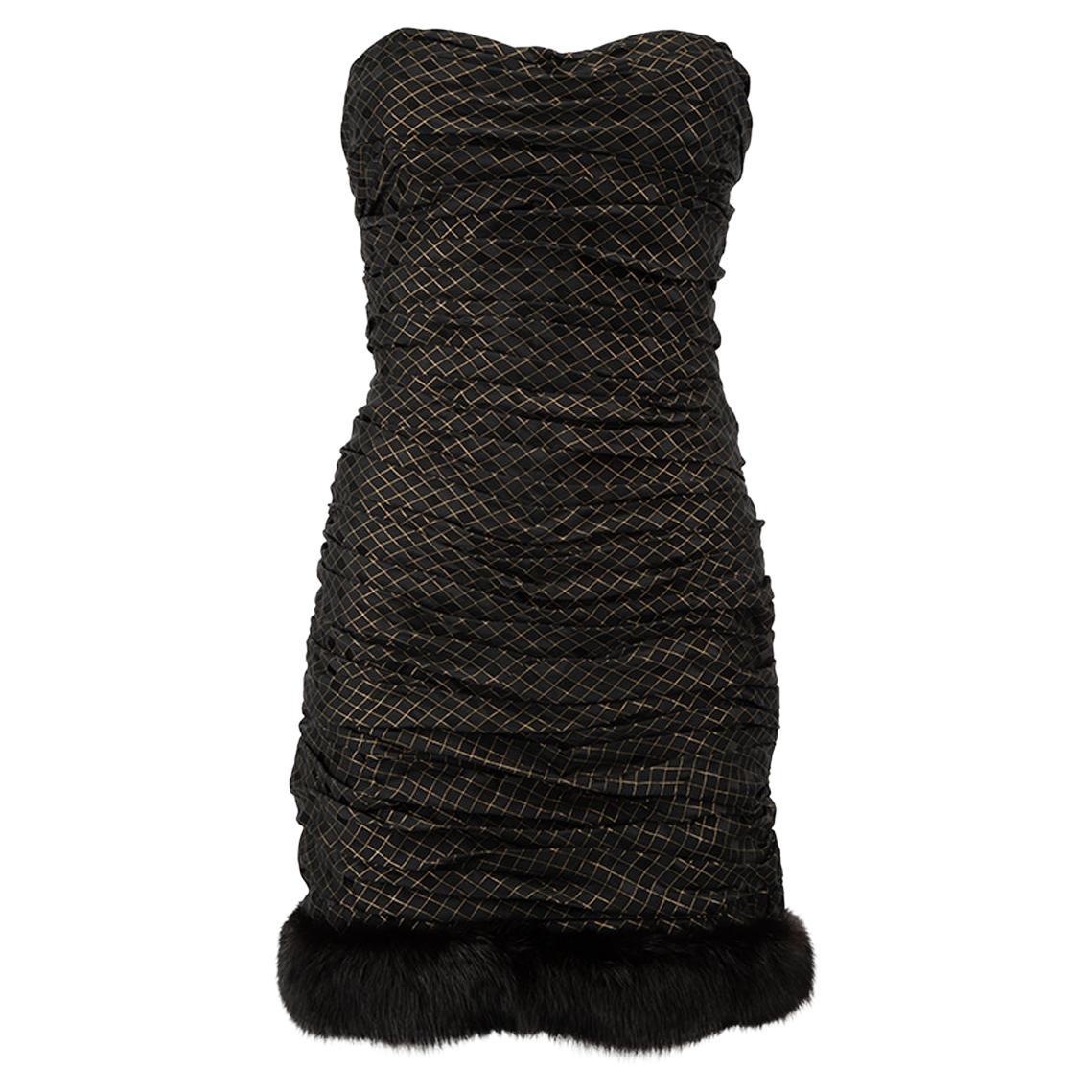 Dennis Basso Women's Black Gingham Strapless Fur Trim Mini Dress