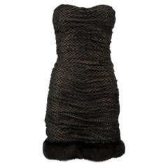 Dennis Basso Women's Black Gingham Strapless Fur Trim Mini Dress