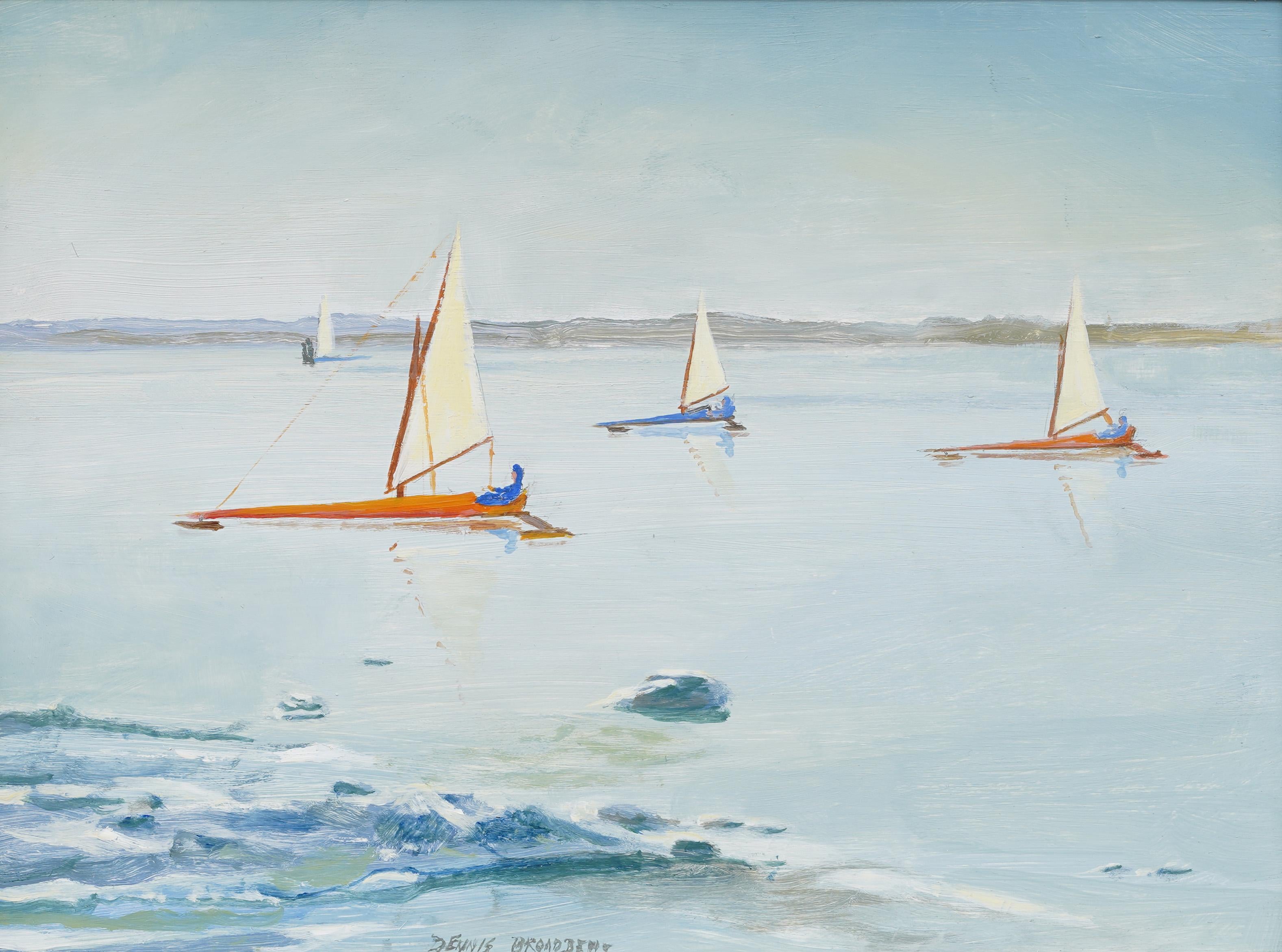 An exceptional mid-20th century oil painting by American artist Dennis Broadbent, “Ice Boats on Watuppa” captures the crystalline stillness of a frozen lake with a refined clarity characteristic of American Regionalism and tonal realism. Painted on